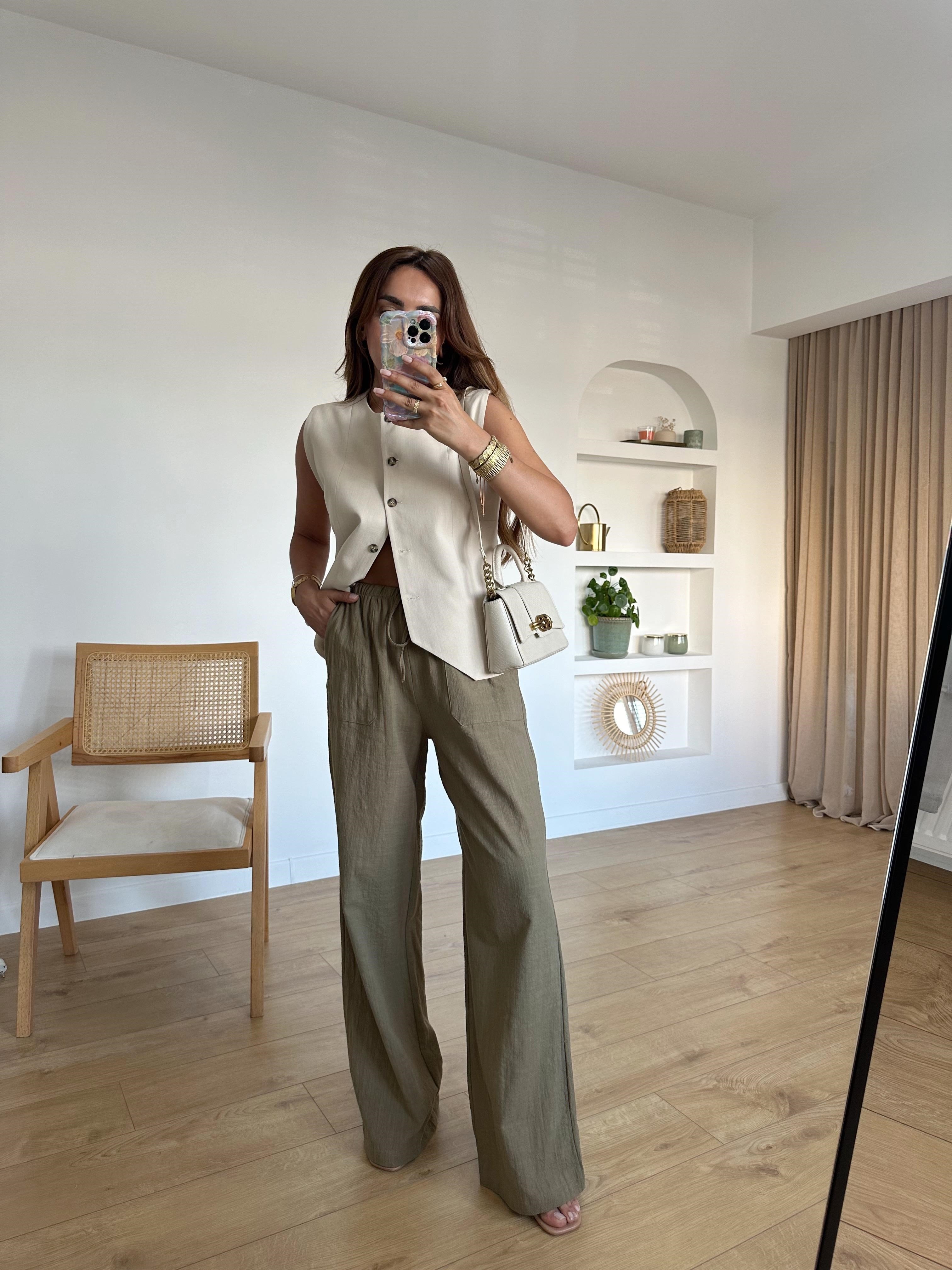 LOW HAKİ BELİ BAĞLAMALI KETEN PANTOLON