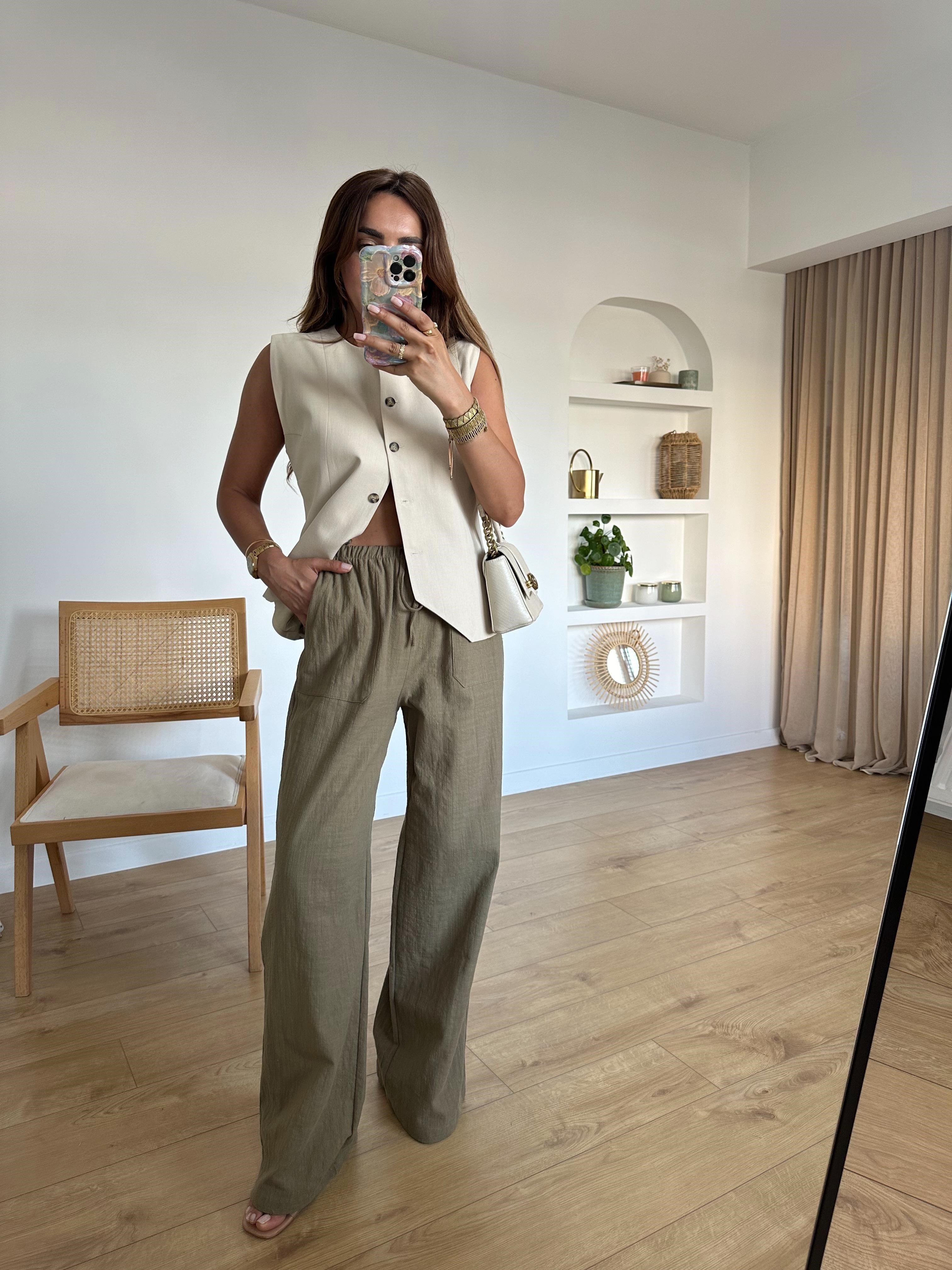 LOW HAKİ BELİ BAĞLAMALI KETEN PANTOLON