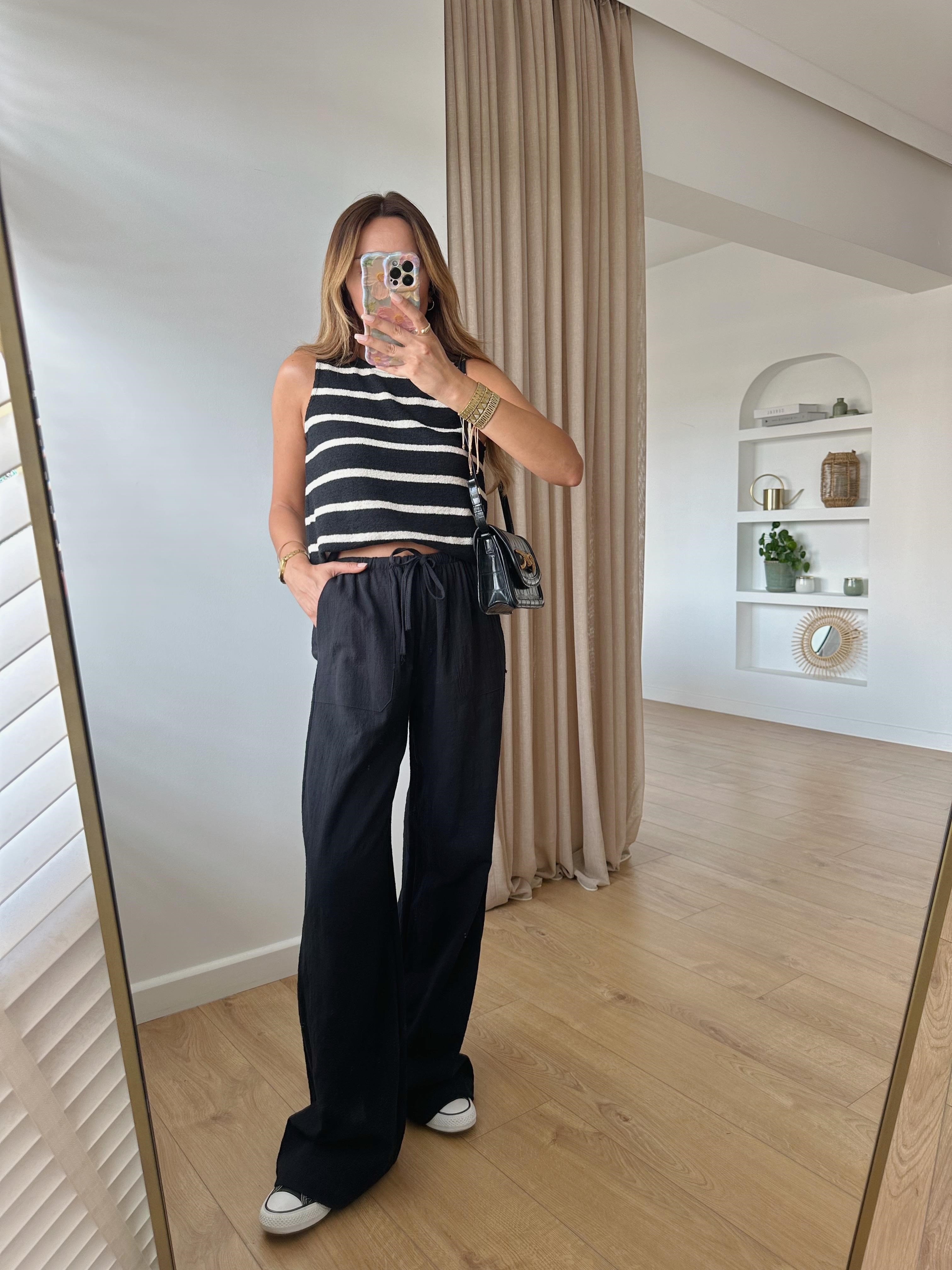 Low Siyah Beli Bağlamalı Keten Pantolon