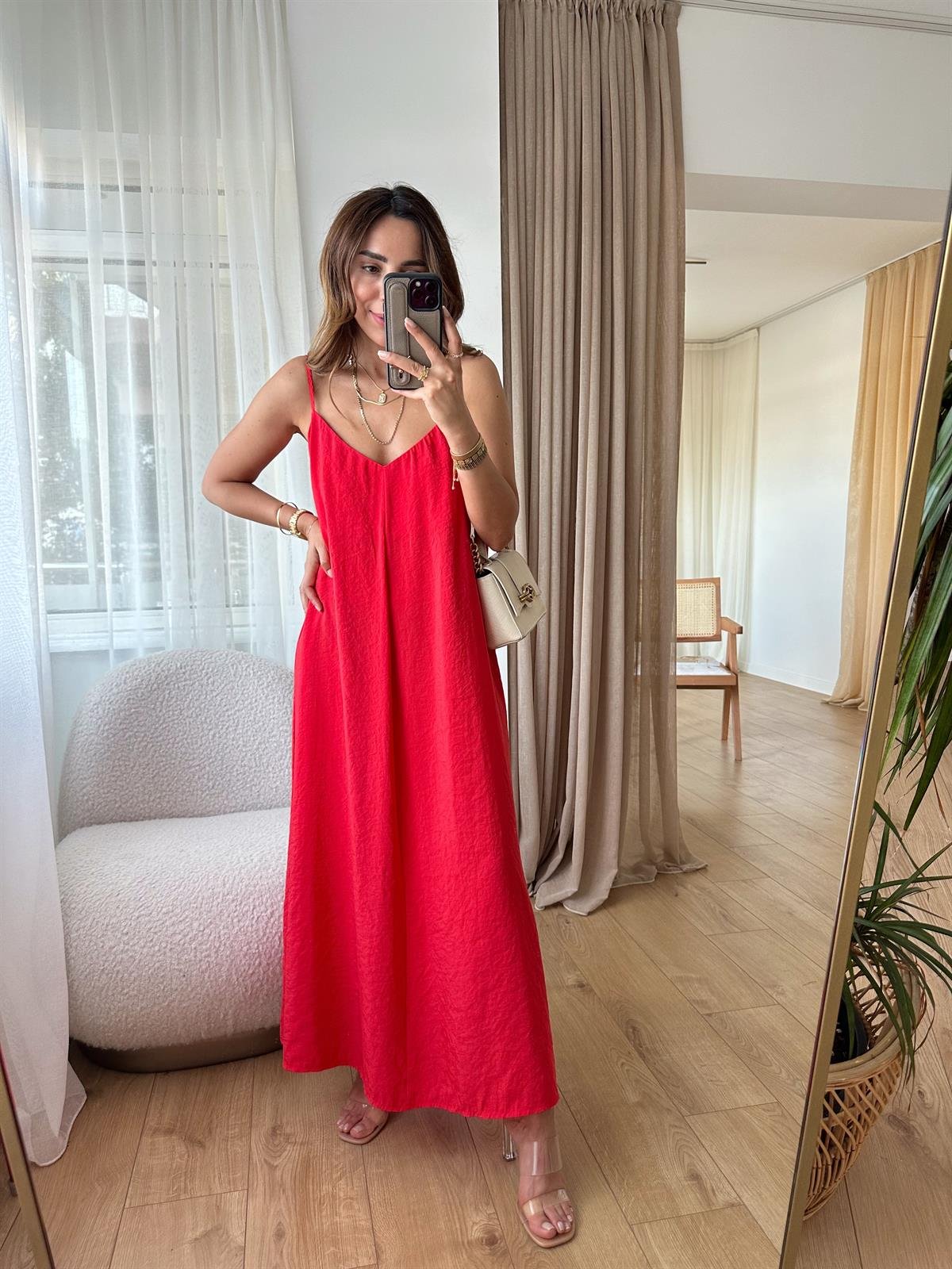MANDY KIRMIZI ASKILARI AYARLANABİLİR TENSEL ELBİSE