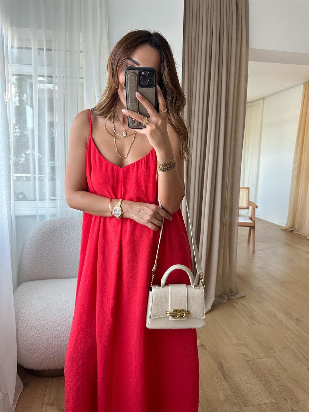 MANDY KIRMIZI ASKILARI AYARLANABİLİR TENSEL ELBİSE