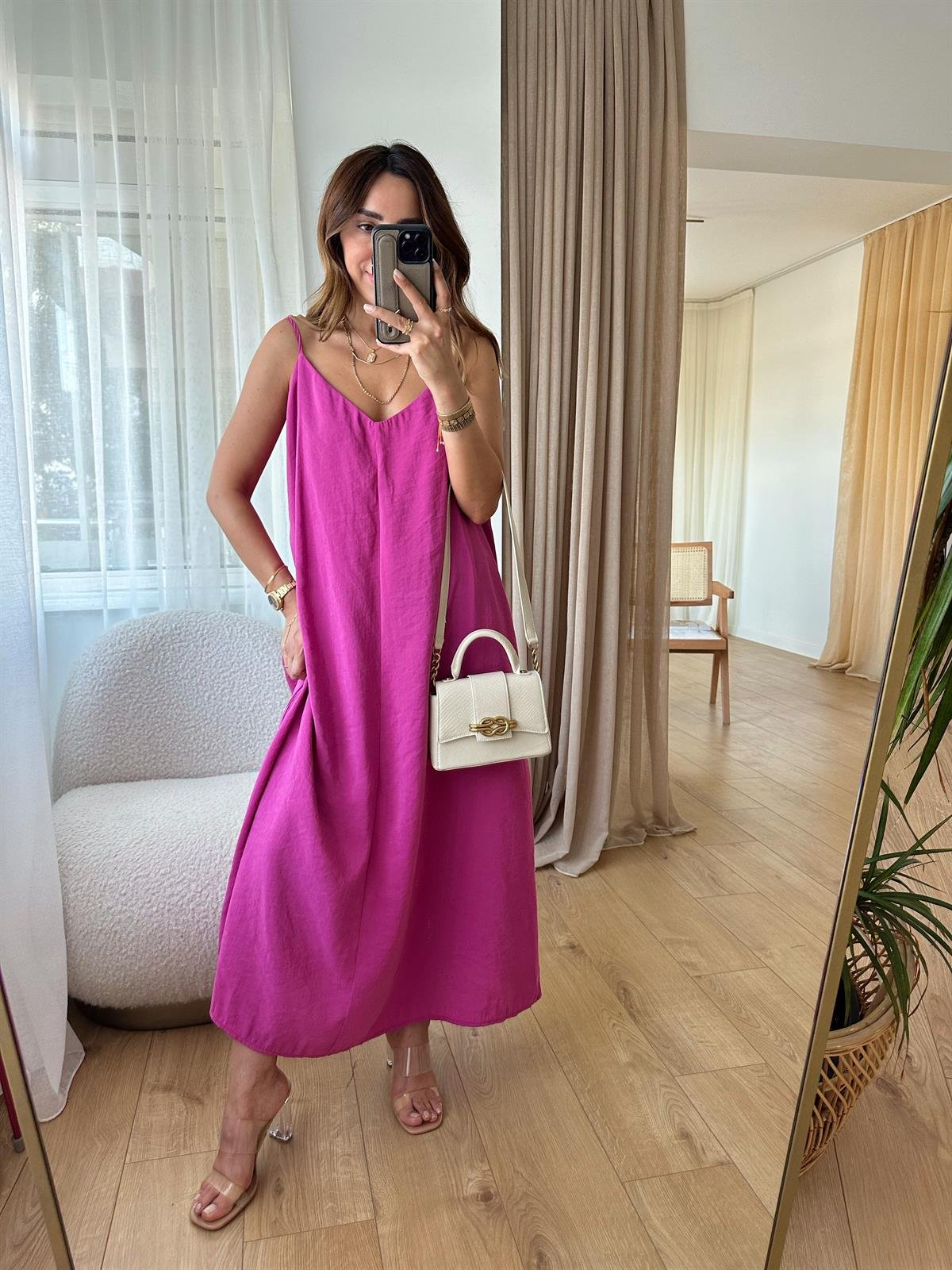 MANDY PEMBE ASKILARI AYARLANABİLİR TENSEL ELBİSE