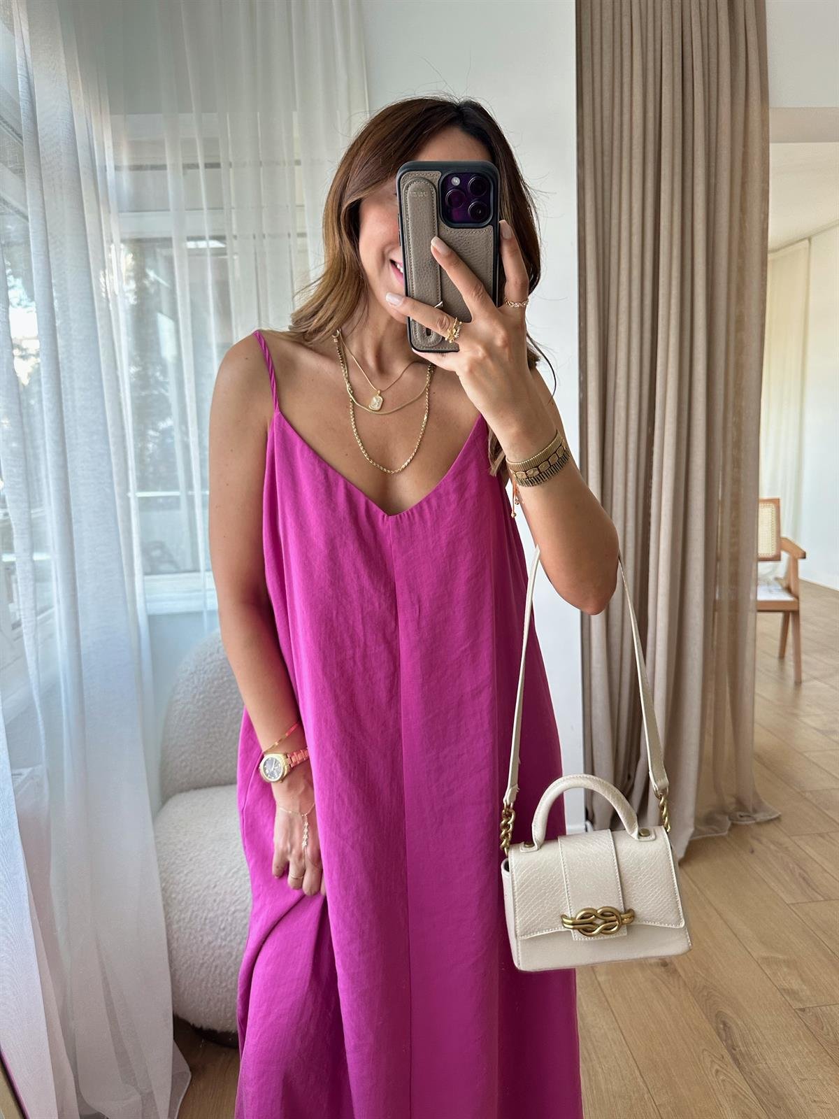 MANDY PEMBE ASKILARI AYARLANABİLİR TENSEL ELBİSE