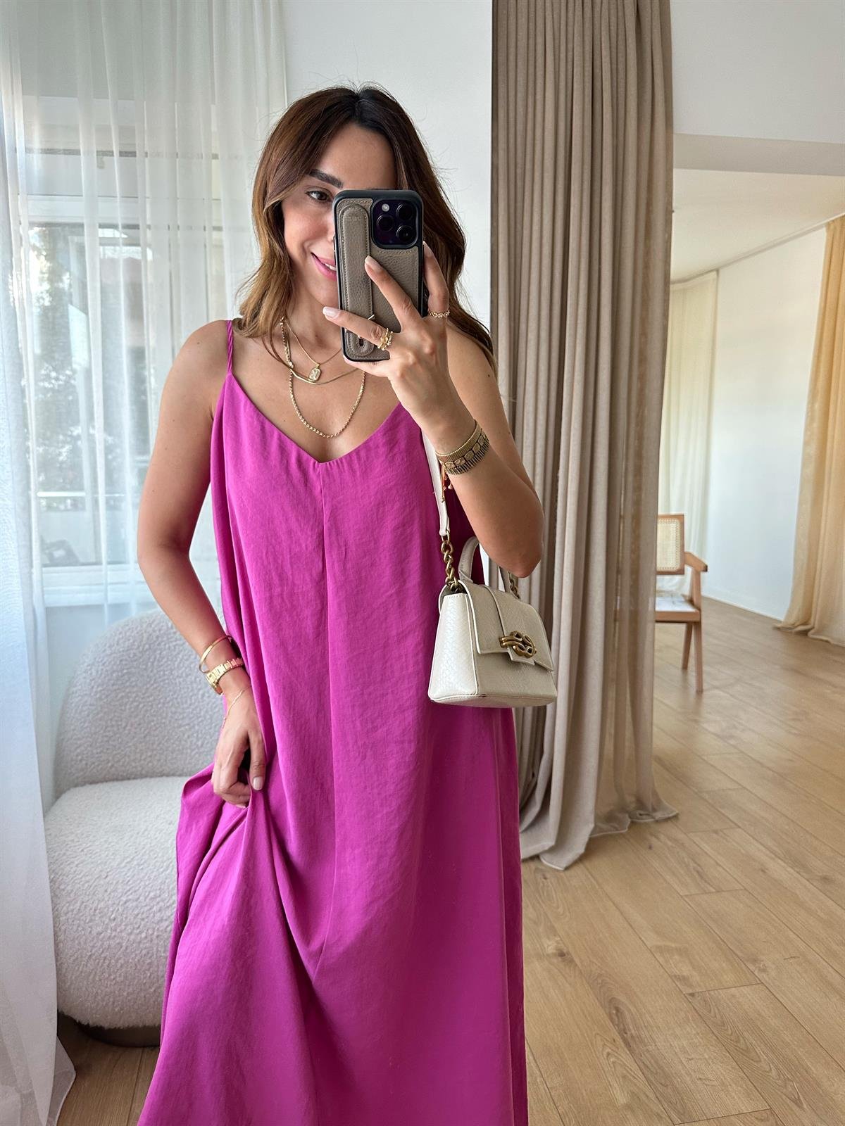 MANDY PEMBE ASKILARI AYARLANABİLİR TENSEL ELBİSE