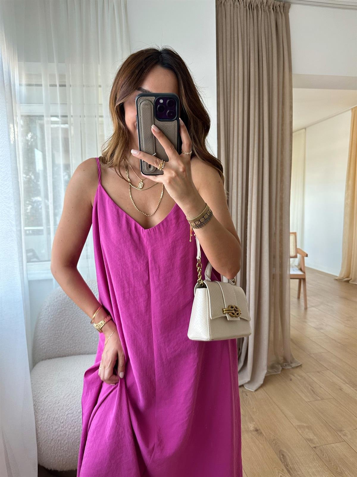MANDY PEMBE ASKILARI AYARLANABİLİR TENSEL ELBİSE