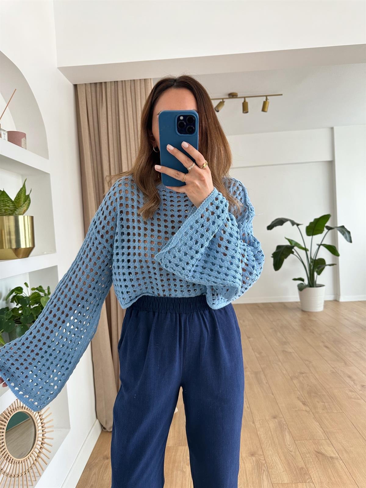 MAVİ AJURLU CROP TRİKO