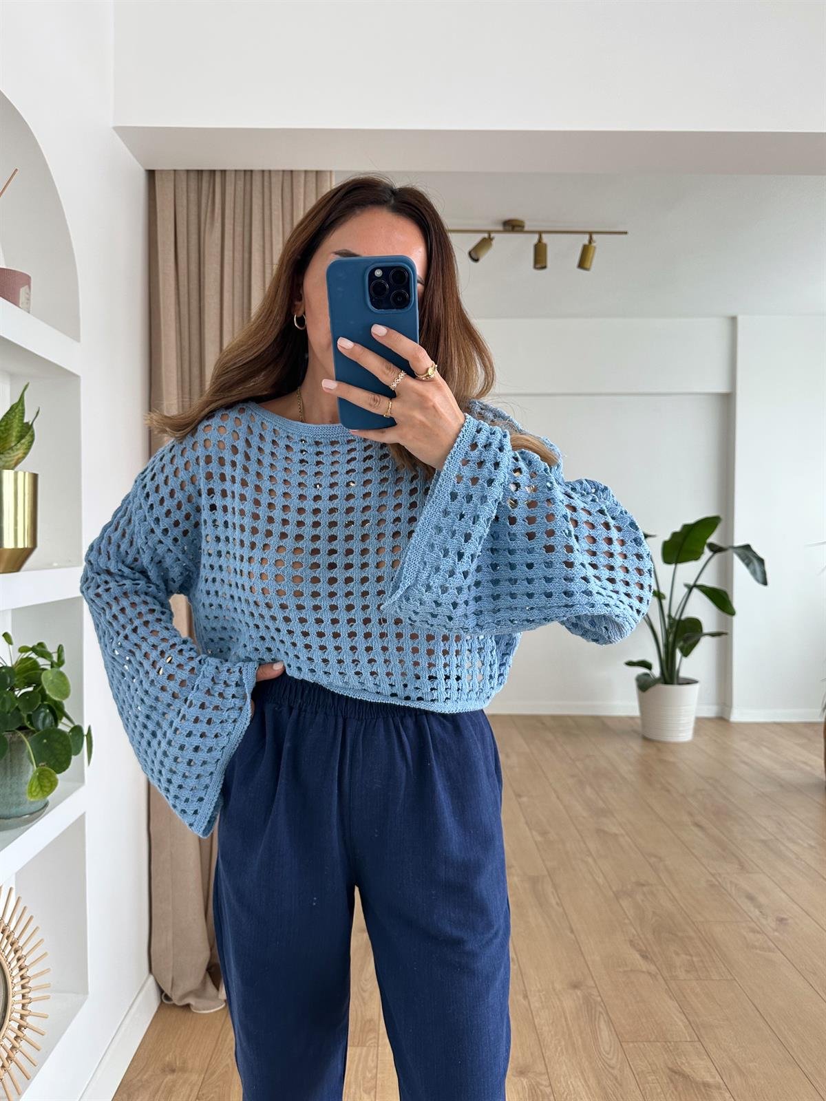 MAVİ AJURLU CROP TRİKO