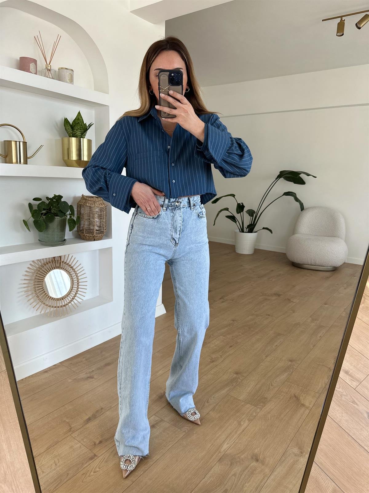 MAVİ ÇİZGİLİ CROP GÖMLEK