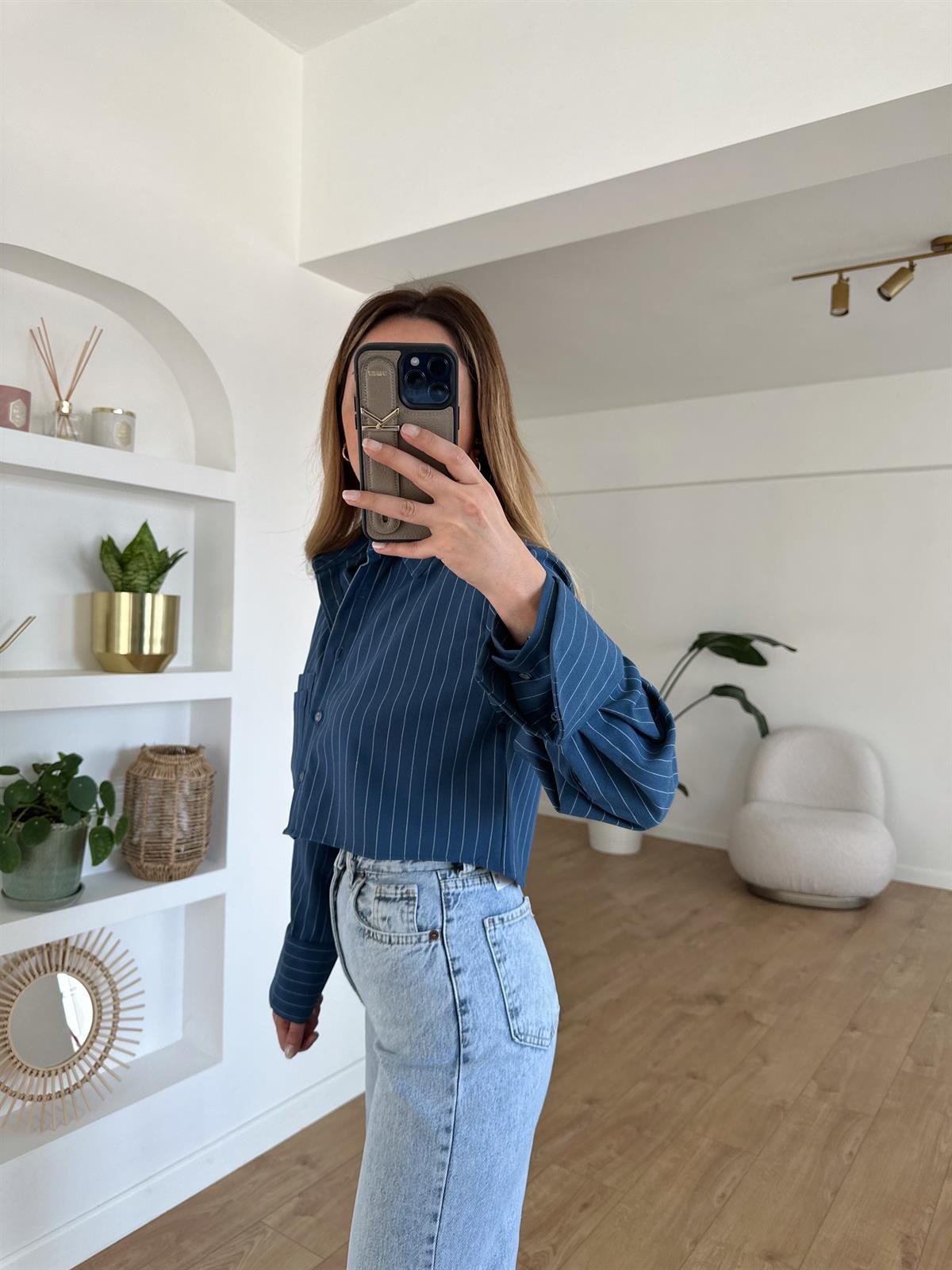 MAVİ ÇİZGİLİ CROP GÖMLEK