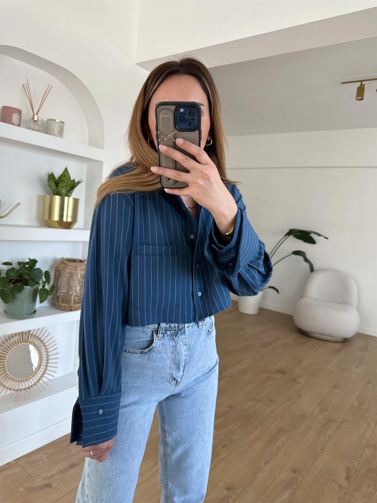 MAVİ ÇİZGİLİ CROP GÖMLEK