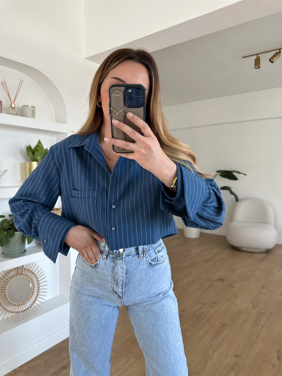 MAVİ ÇİZGİLİ CROP GÖMLEK