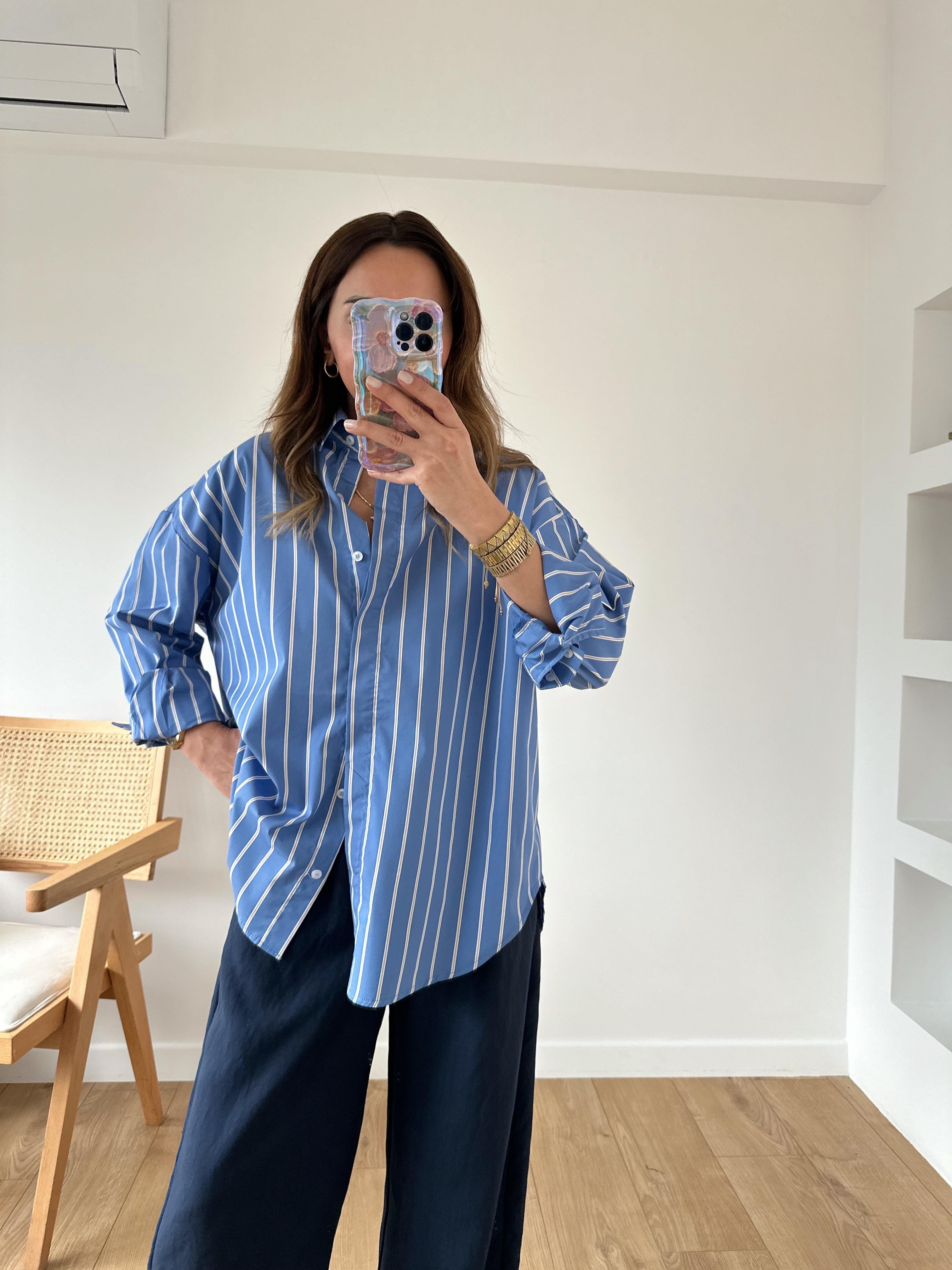 MAVİ ÇİZGİLİ OVERSIZE GÖMLEK