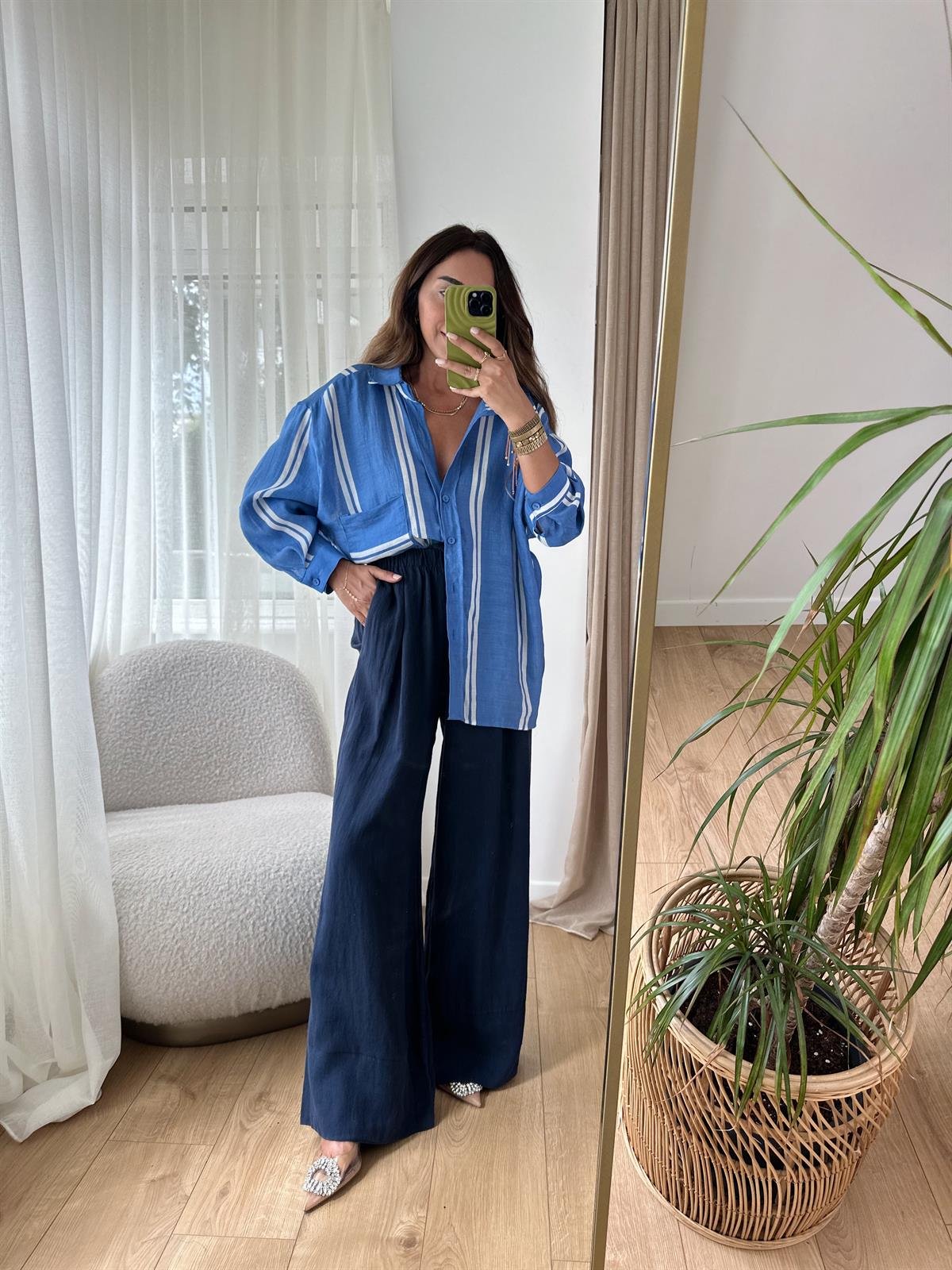 MAVİ ÇİZGİLİ TENSEL OVERSIZE GÖMLEK