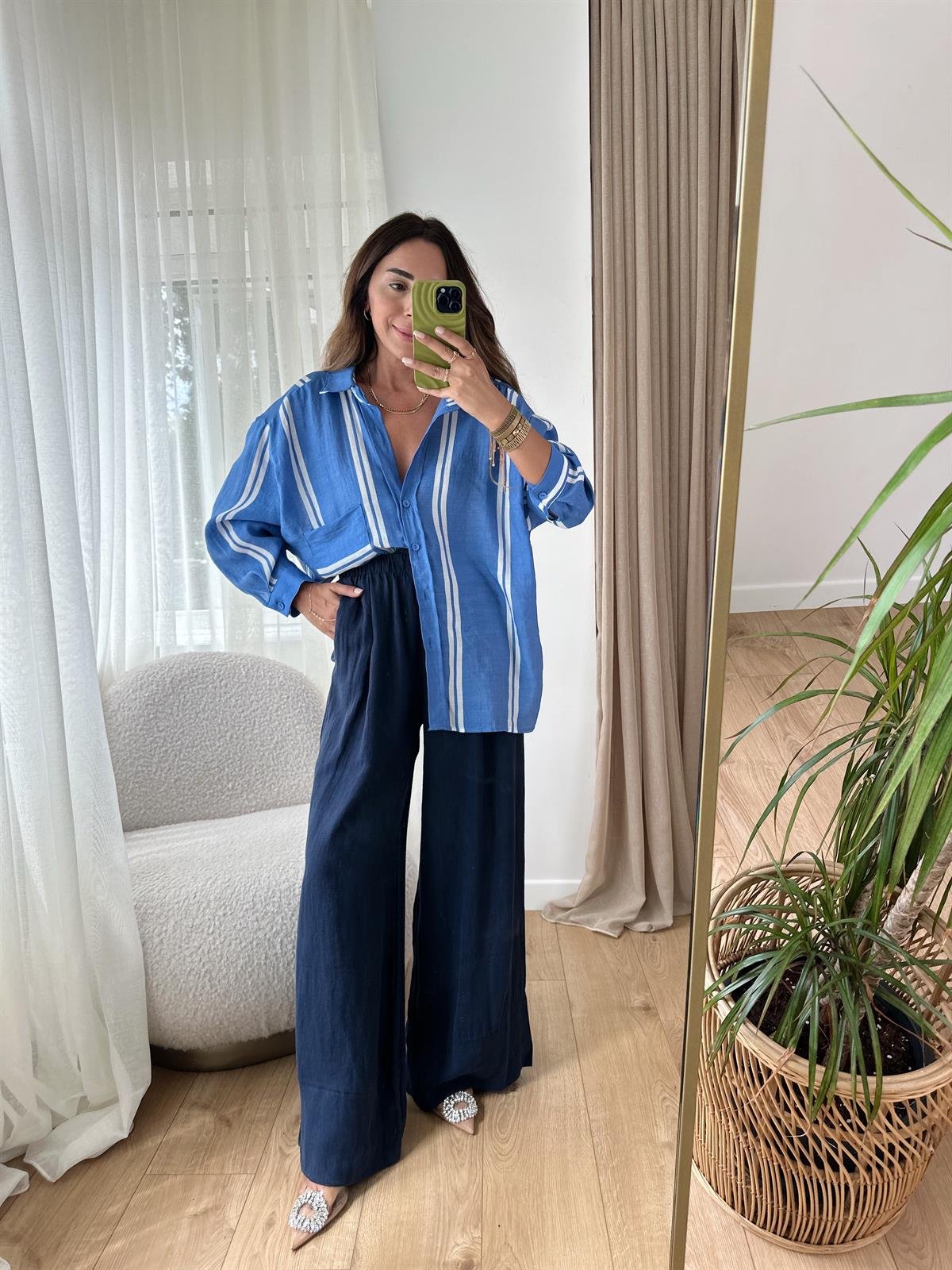 MAVİ ÇİZGİLİ TENSEL OVERSIZE GÖMLEK