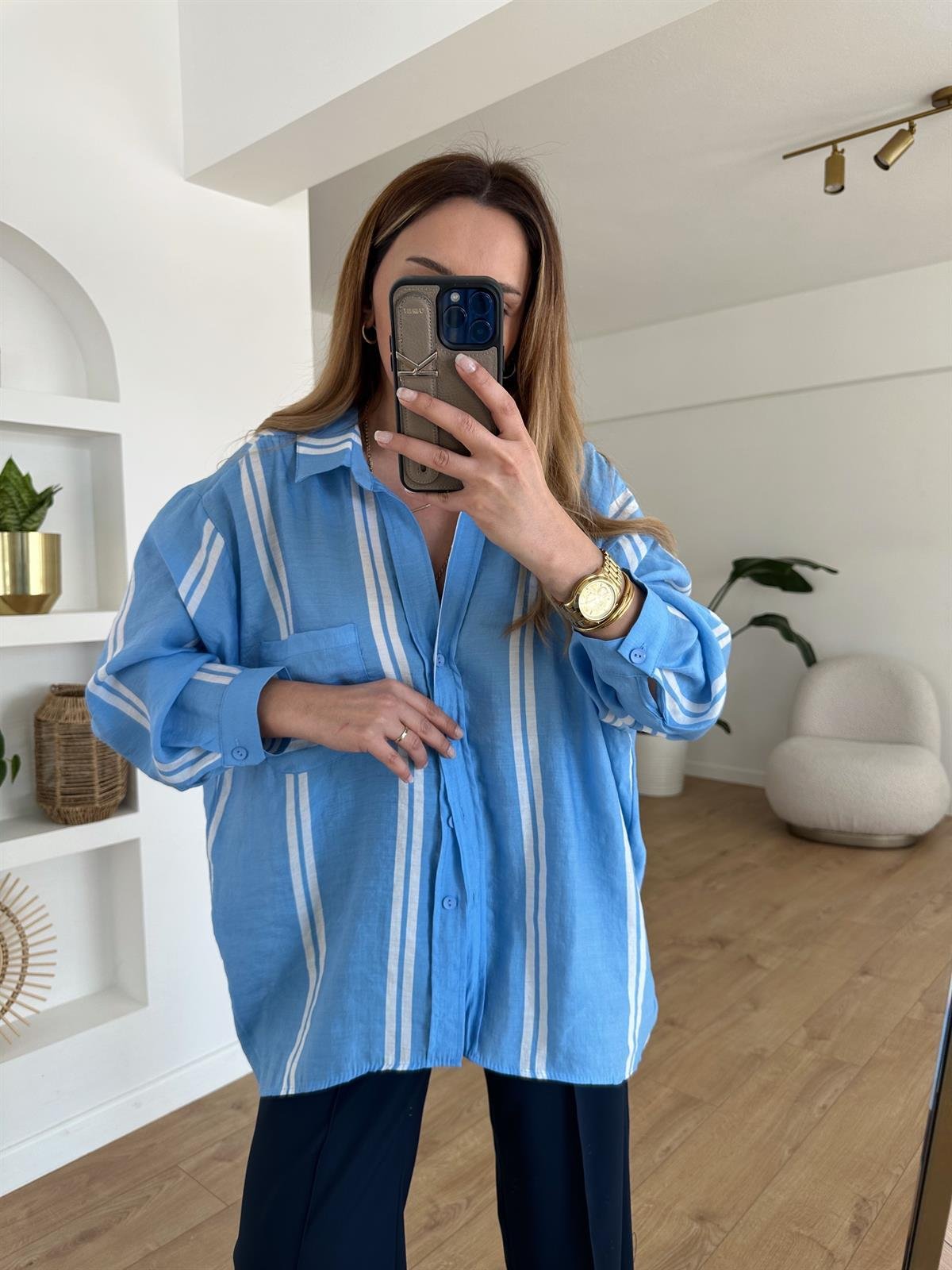 MAVİ ÇİZGİLİ TENSEL OVERSIZE GÖMLEK