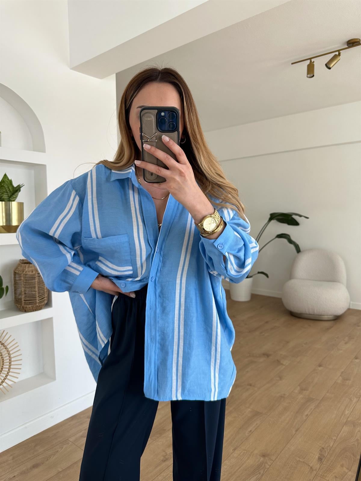 MAVİ ÇİZGİLİ TENSEL OVERSIZE GÖMLEK