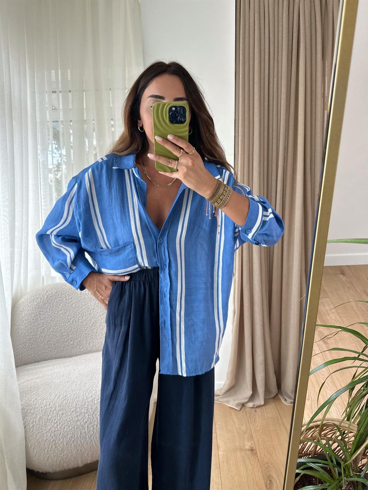MAVİ ÇİZGİLİ TENSEL OVERSIZE GÖMLEK