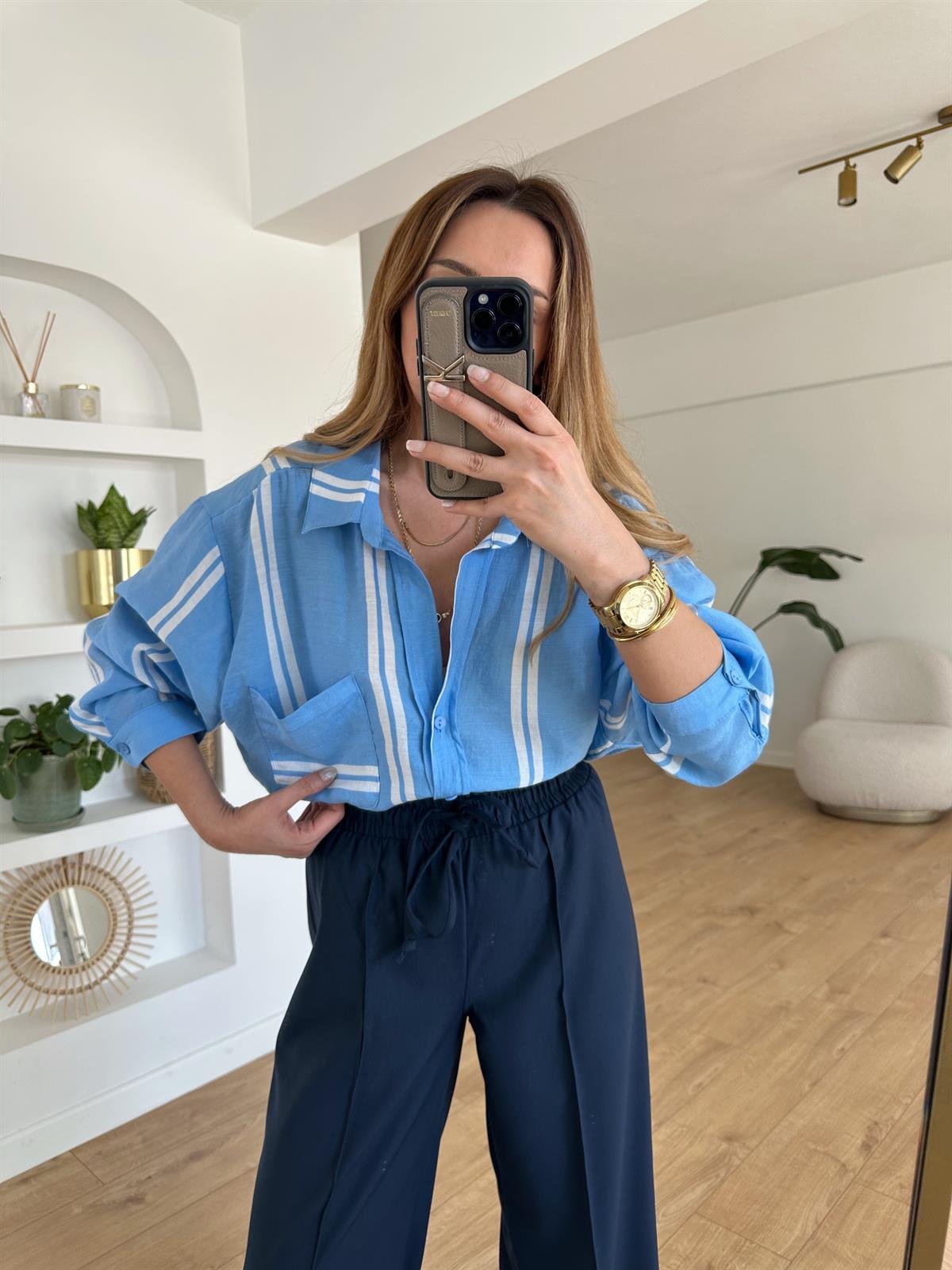 MAVİ ÇİZGİLİ TENSEL OVERSIZE GÖMLEK