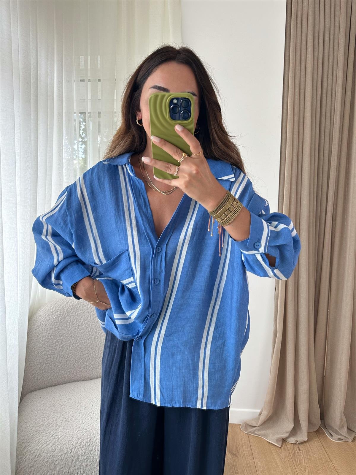 MAVİ ÇİZGİLİ TENSEL OVERSIZE GÖMLEK