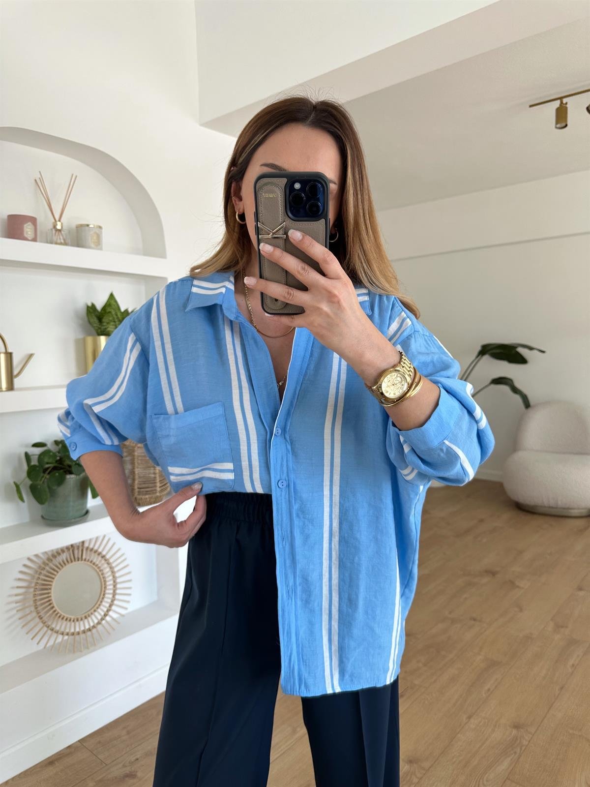 MAVİ ÇİZGİLİ TENSEL OVERSIZE GÖMLEK
