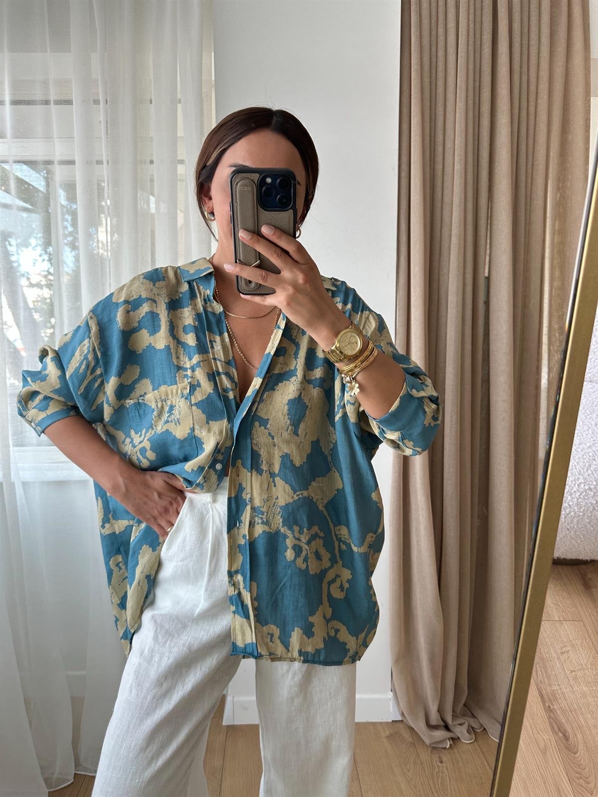 MAVİ DESENLİ TENSEL OVERSIZE GÖMLEK