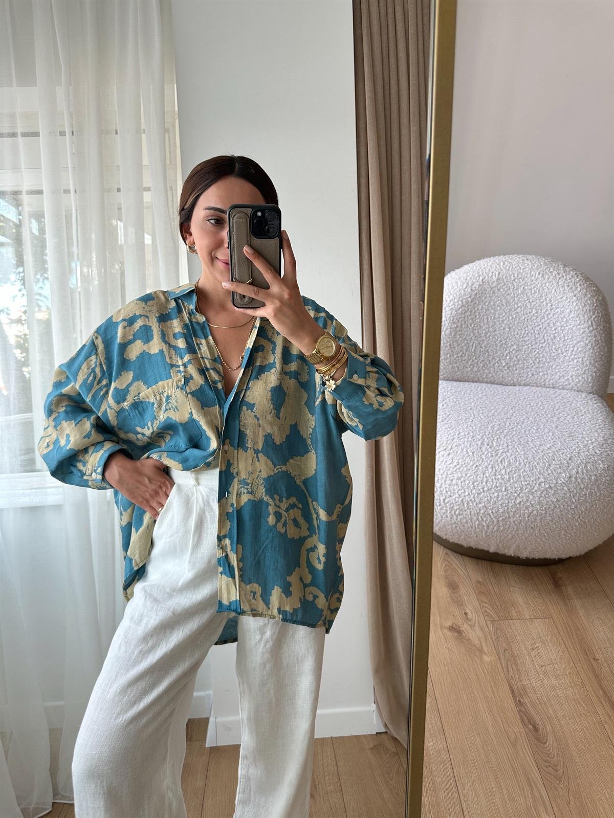 MAVİ DESENLİ TENSEL OVERSIZE GÖMLEK