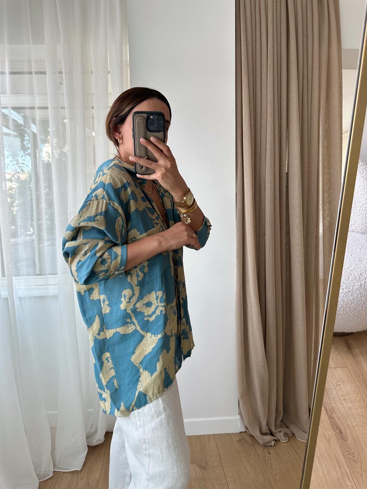 MAVİ DESENLİ TENSEL OVERSIZE GÖMLEK