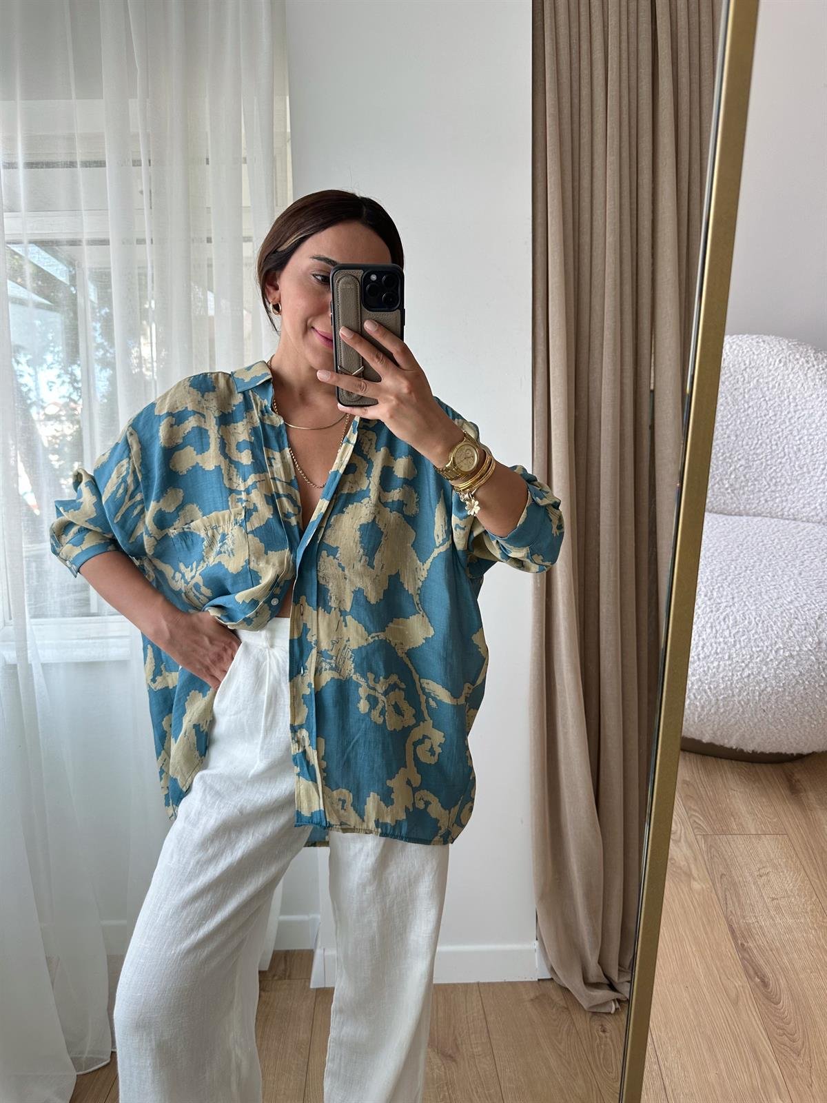 MAVİ DESENLİ TENSEL OVERSIZE GÖMLEK