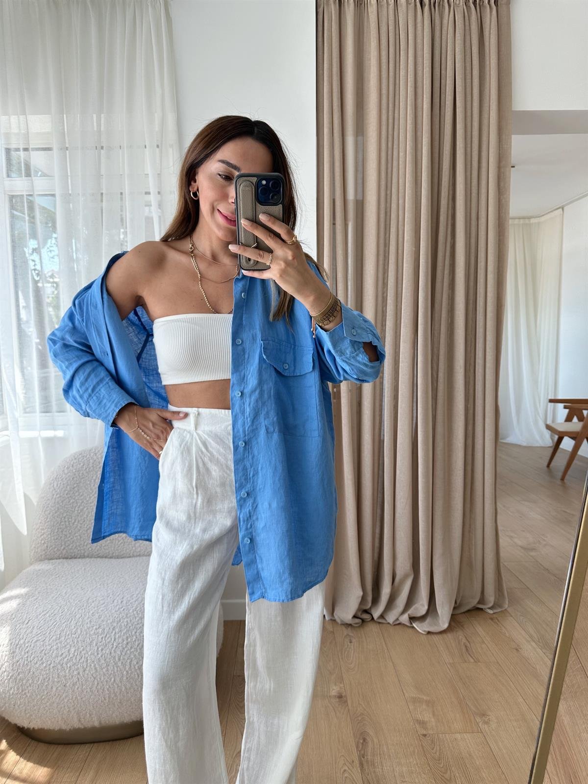 MAVİ HAM KETEN OVERSIZE GÖMLEK