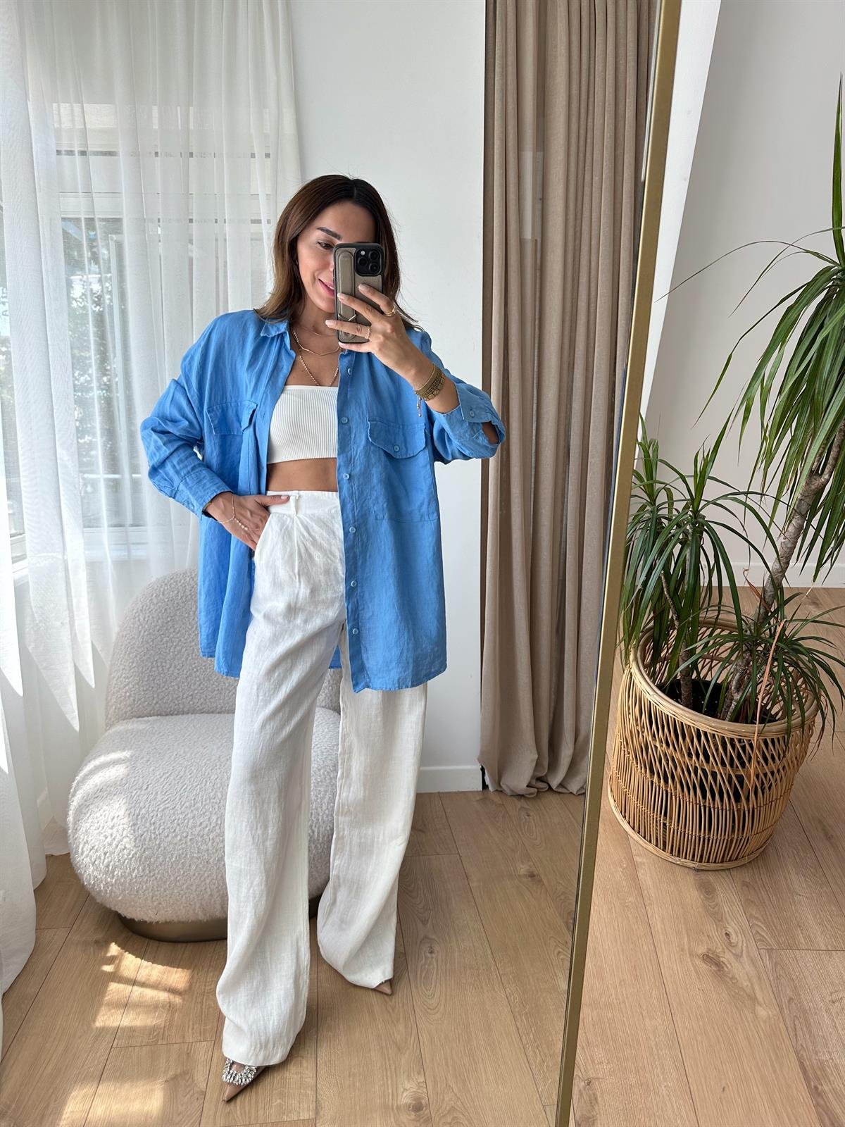 MAVİ HAM KETEN OVERSIZE GÖMLEK