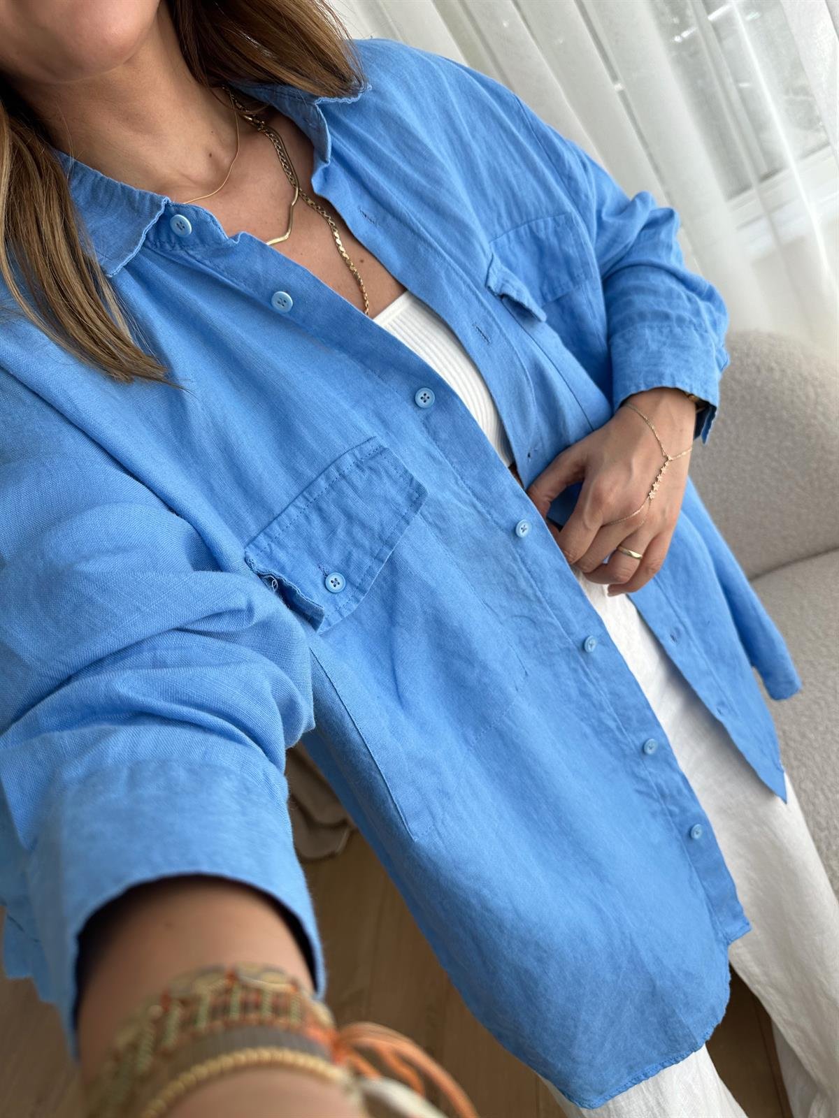 MAVİ HAM KETEN OVERSIZE GÖMLEK