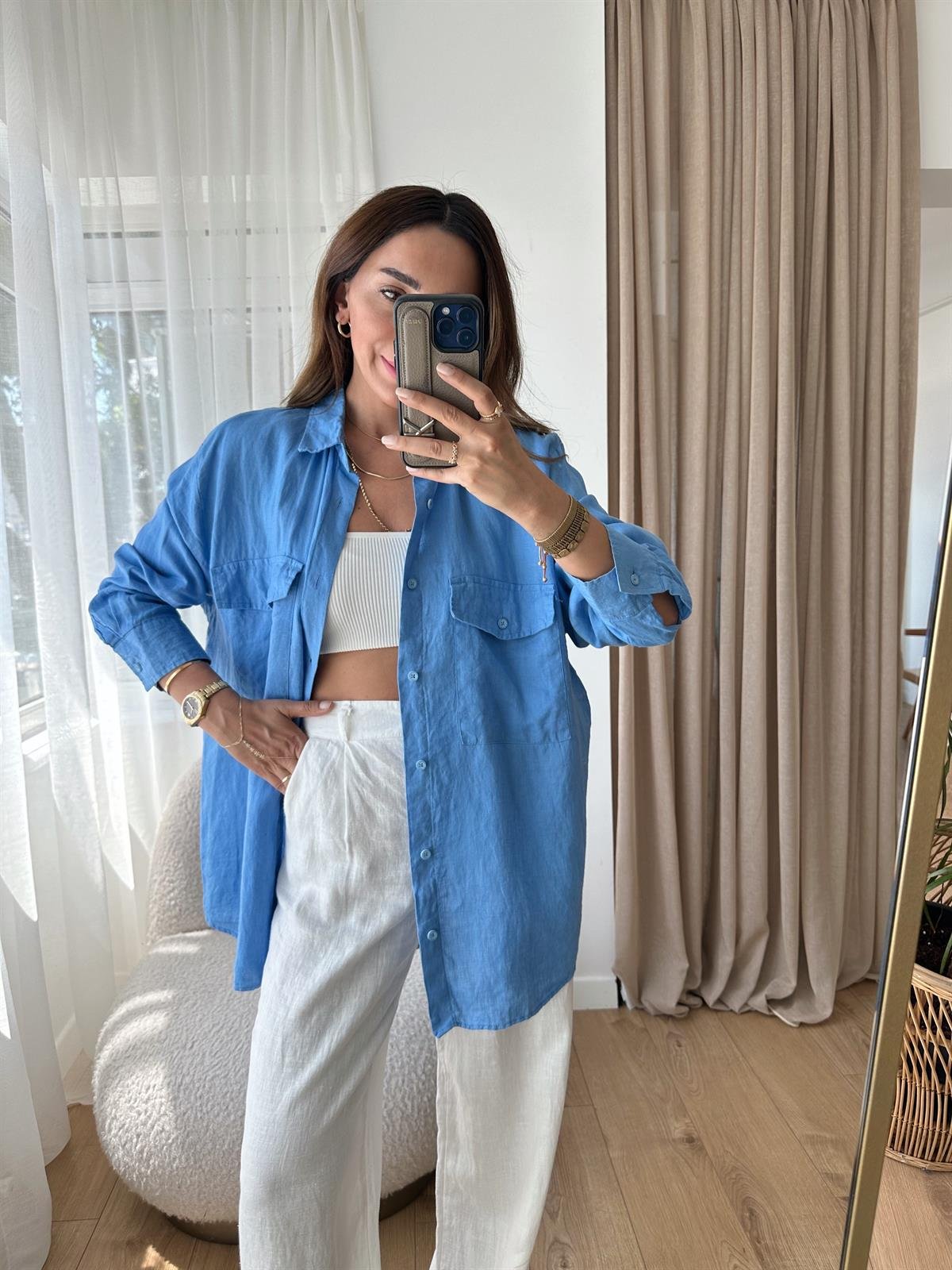 MAVİ HAM KETEN OVERSIZE GÖMLEK