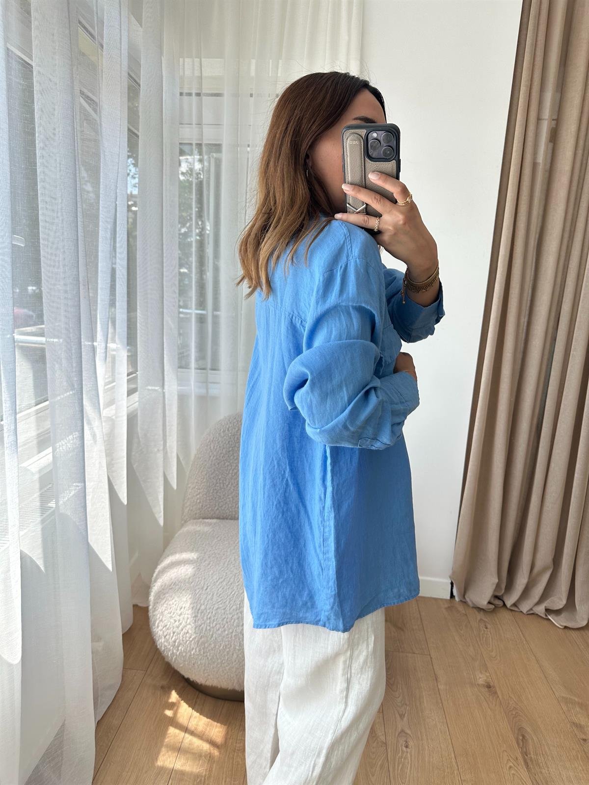 MAVİ HAM KETEN OVERSIZE GÖMLEK