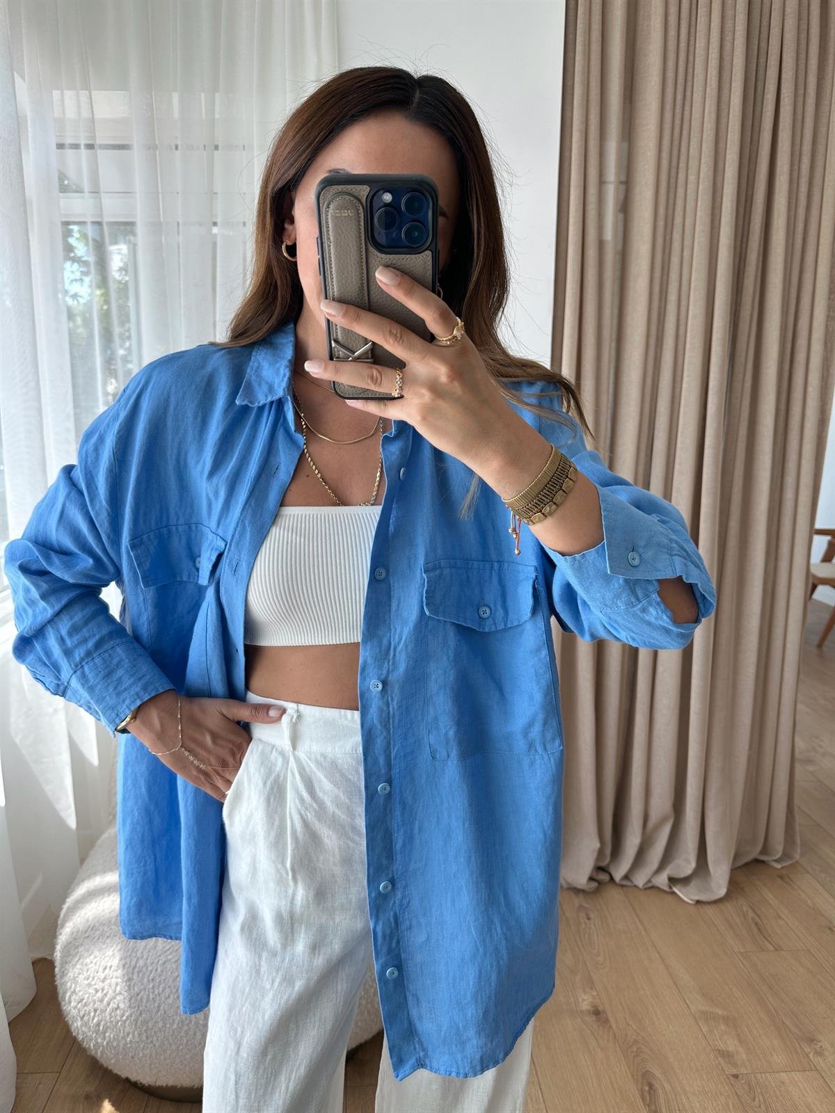 MAVİ HAM KETEN OVERSIZE GÖMLEK
