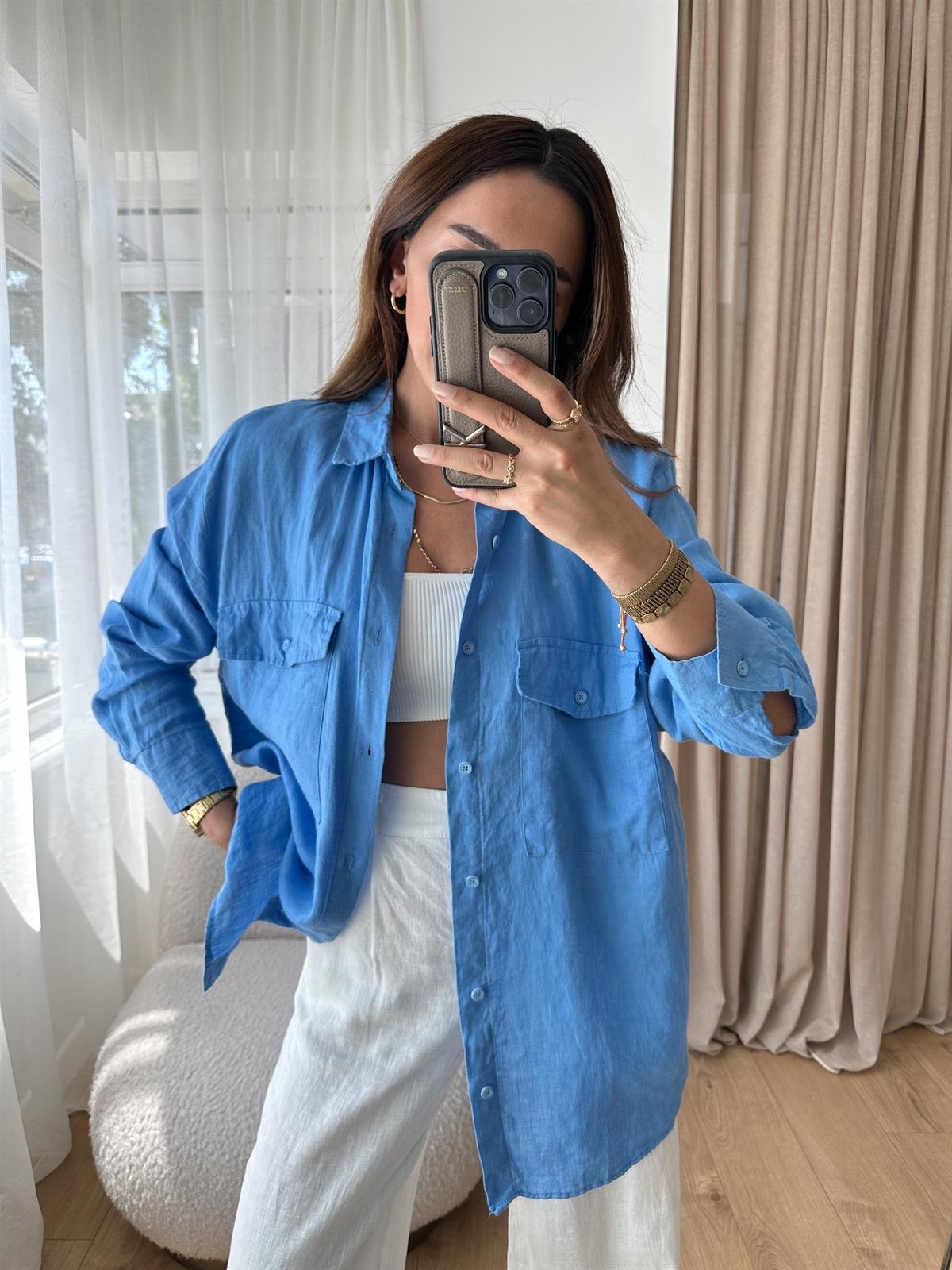 MAVİ HAM KETEN OVERSIZE GÖMLEK