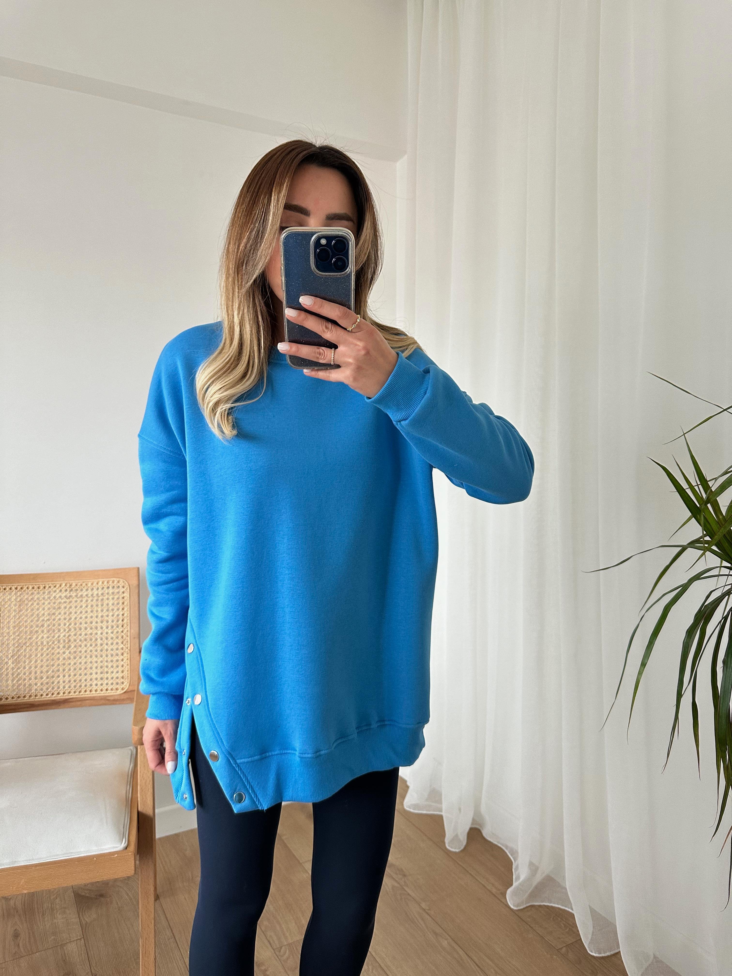MAVİ OVERSIZE ÇITÇITLI KALIN SWEAT