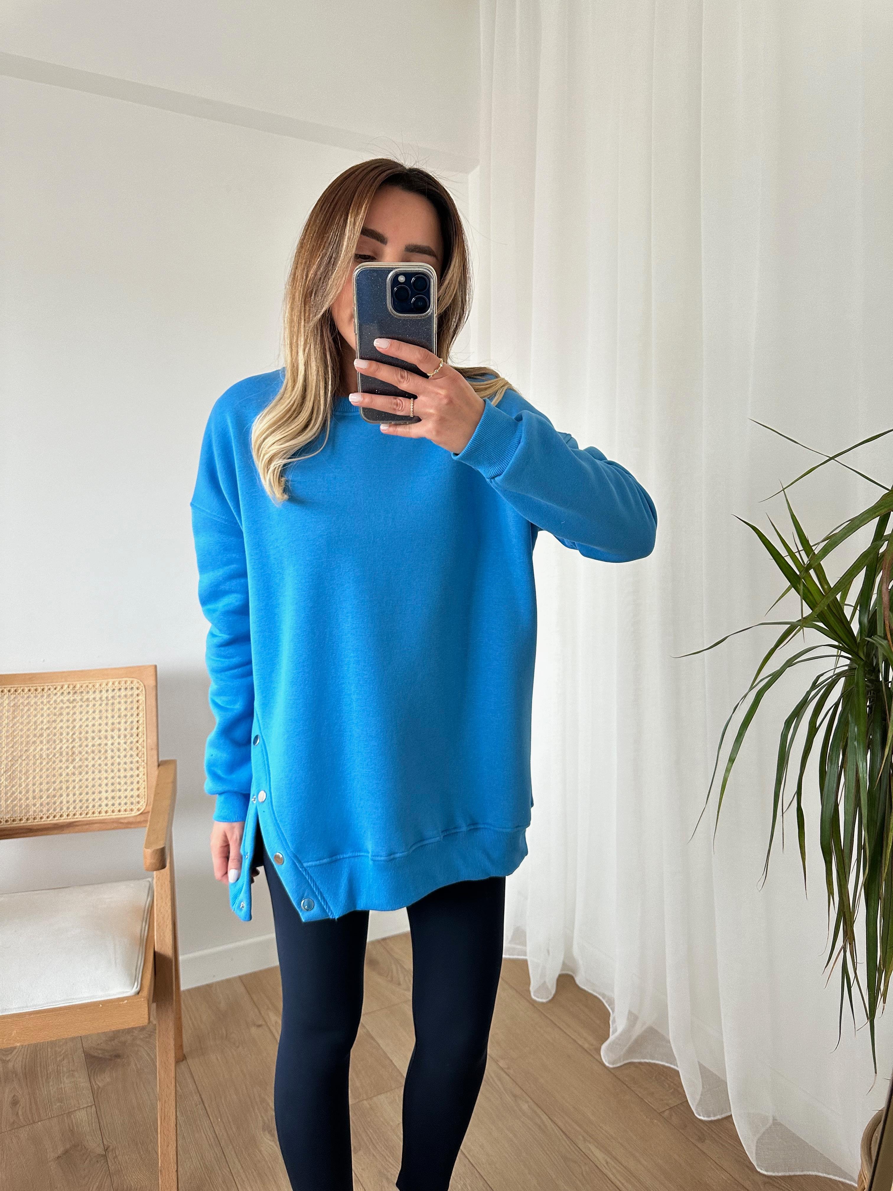MAVİ OVERSIZE ÇITÇITLI KALIN SWEAT