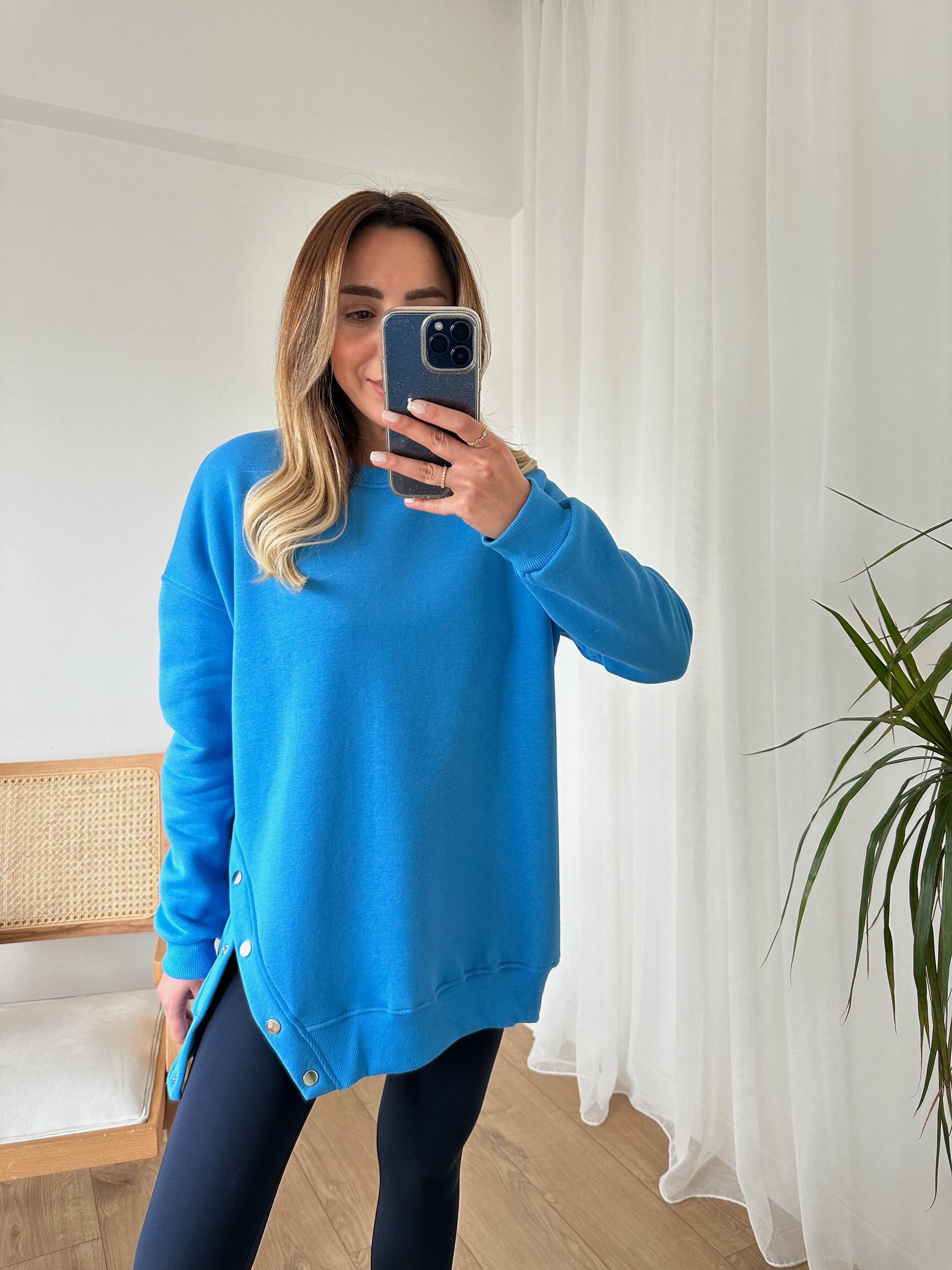MAVİ OVERSIZE ÇITÇITLI KALIN SWEAT