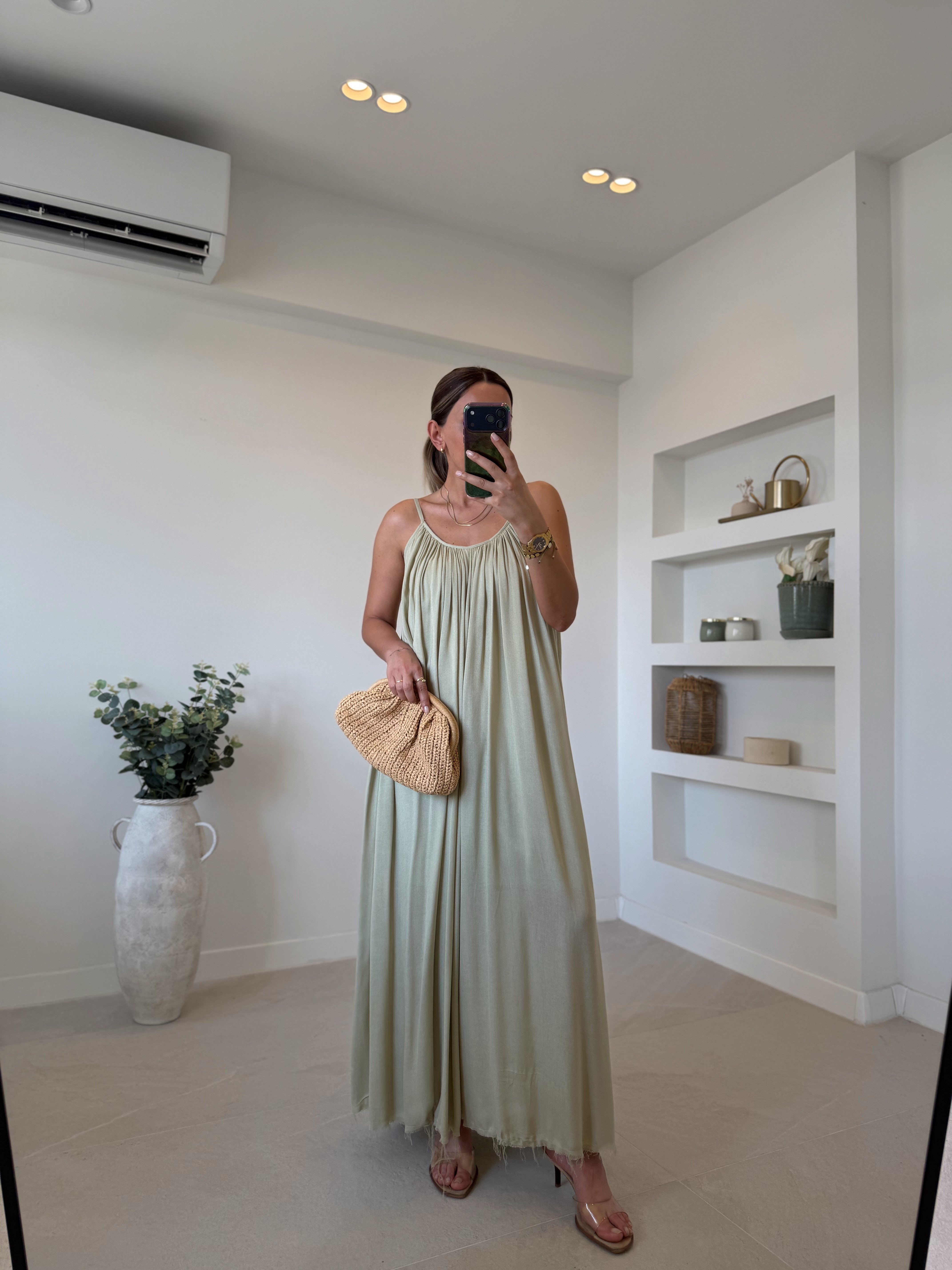 Misha 3173 Açık Haki Keten Dokulu Elbise
