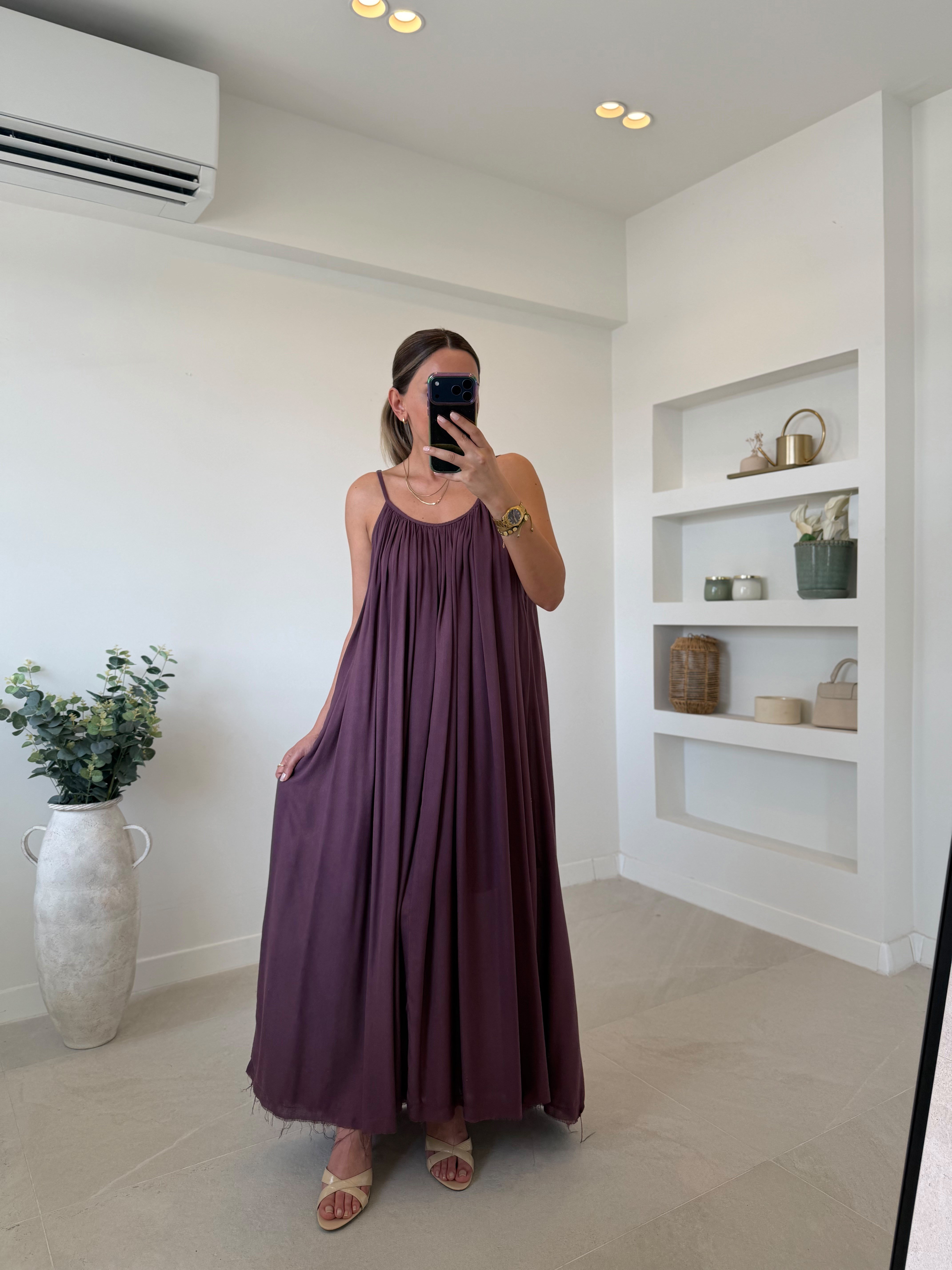 Misha 3173 Vişne Çürüğü Keten Dokulu Elbise