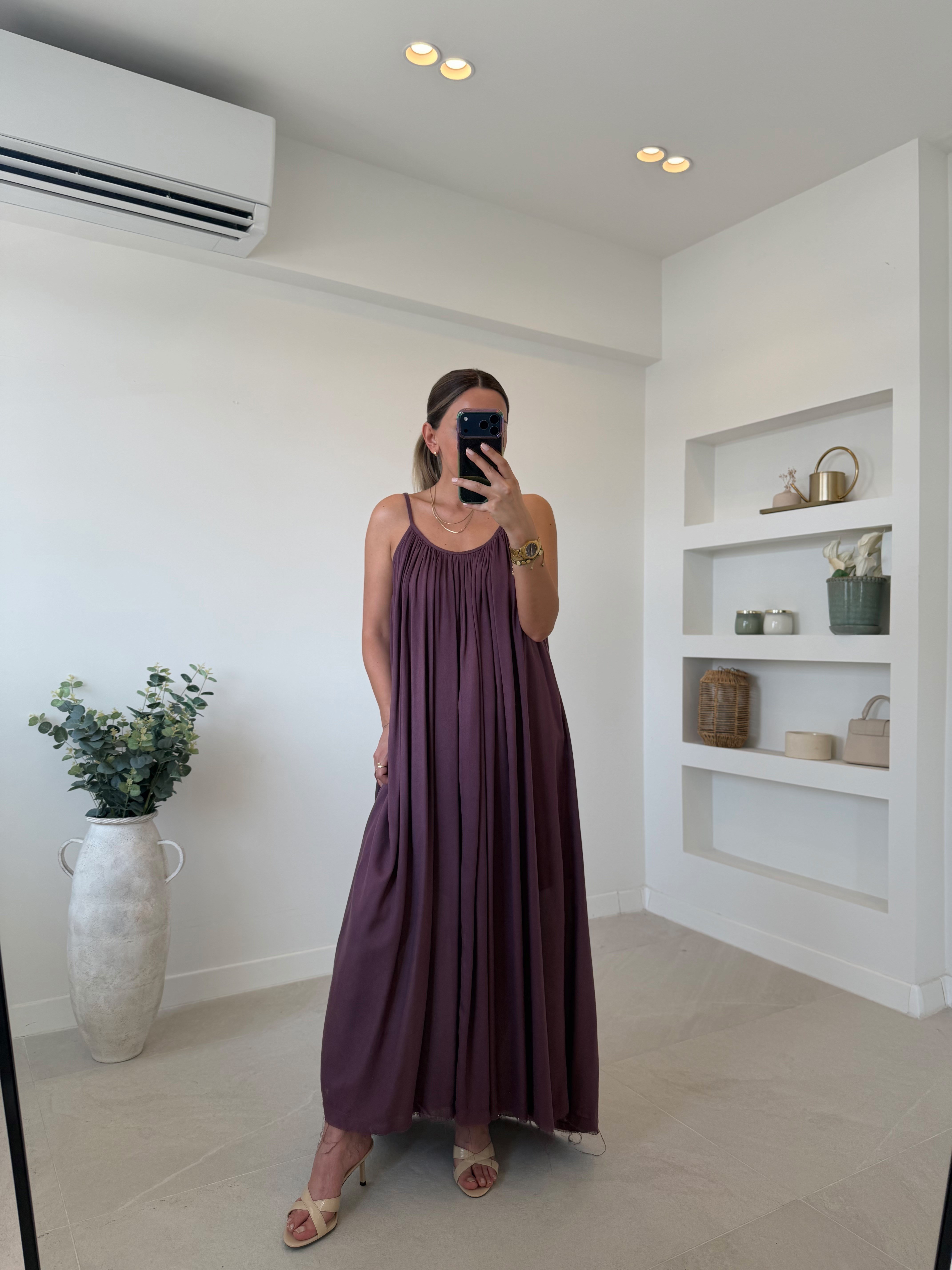 Misha 3173 Vişne Çürüğü Keten Dokulu Elbise