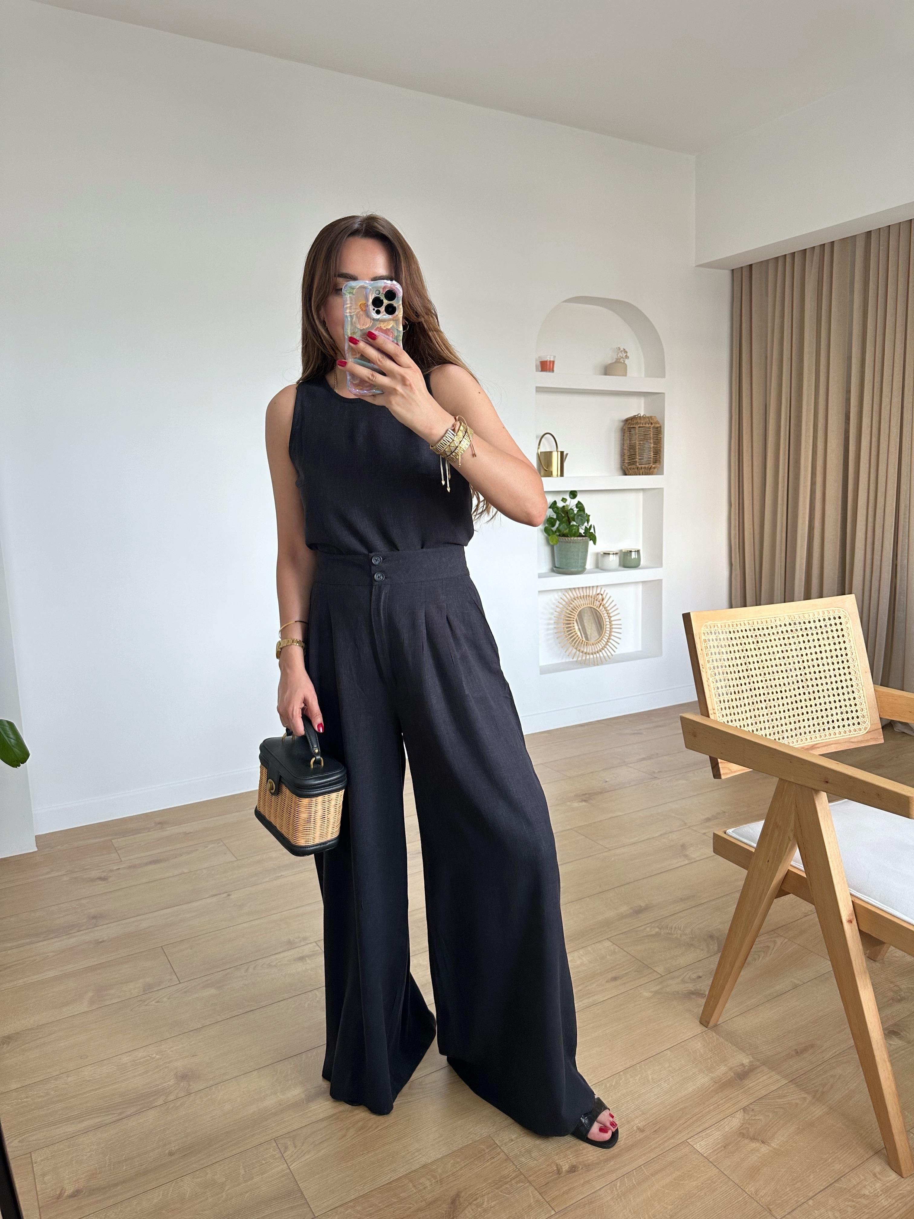 MORGAN SOLUK SİYAH KETEN KARIŞIMLI BLUZ PANTOLON TAKIM