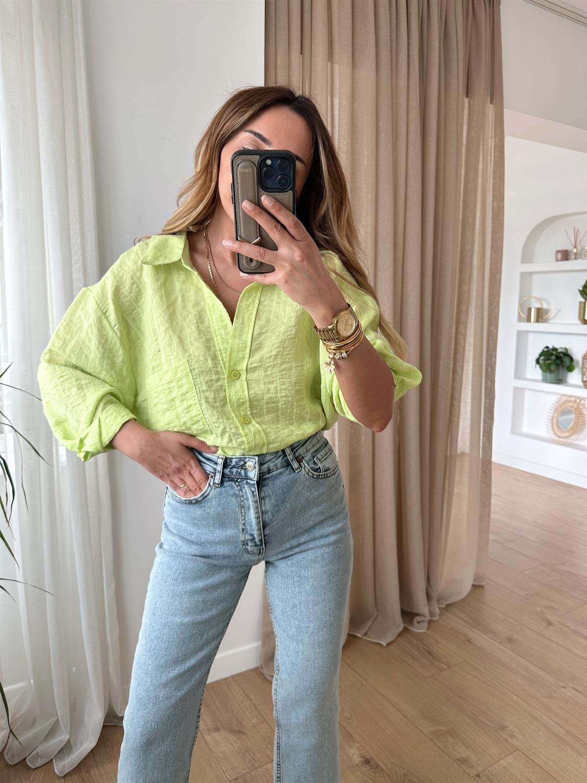 NEON ÇİZGİLİ TENSEL OVERSIZE GÖMLEK