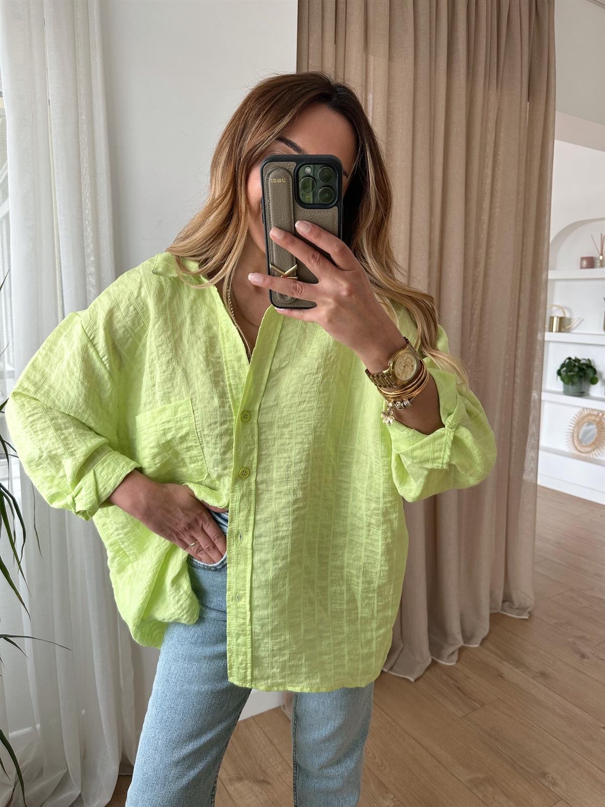 NEON ÇİZGİLİ TENSEL OVERSIZE GÖMLEK