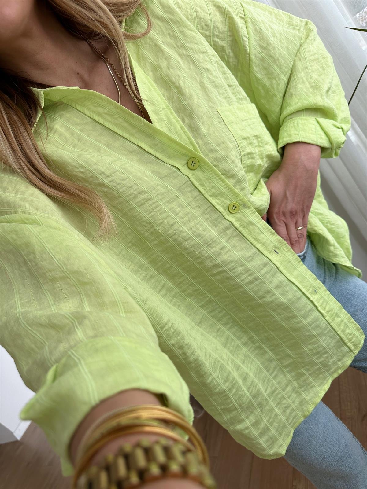 NEON ÇİZGİLİ TENSEL OVERSIZE GÖMLEK