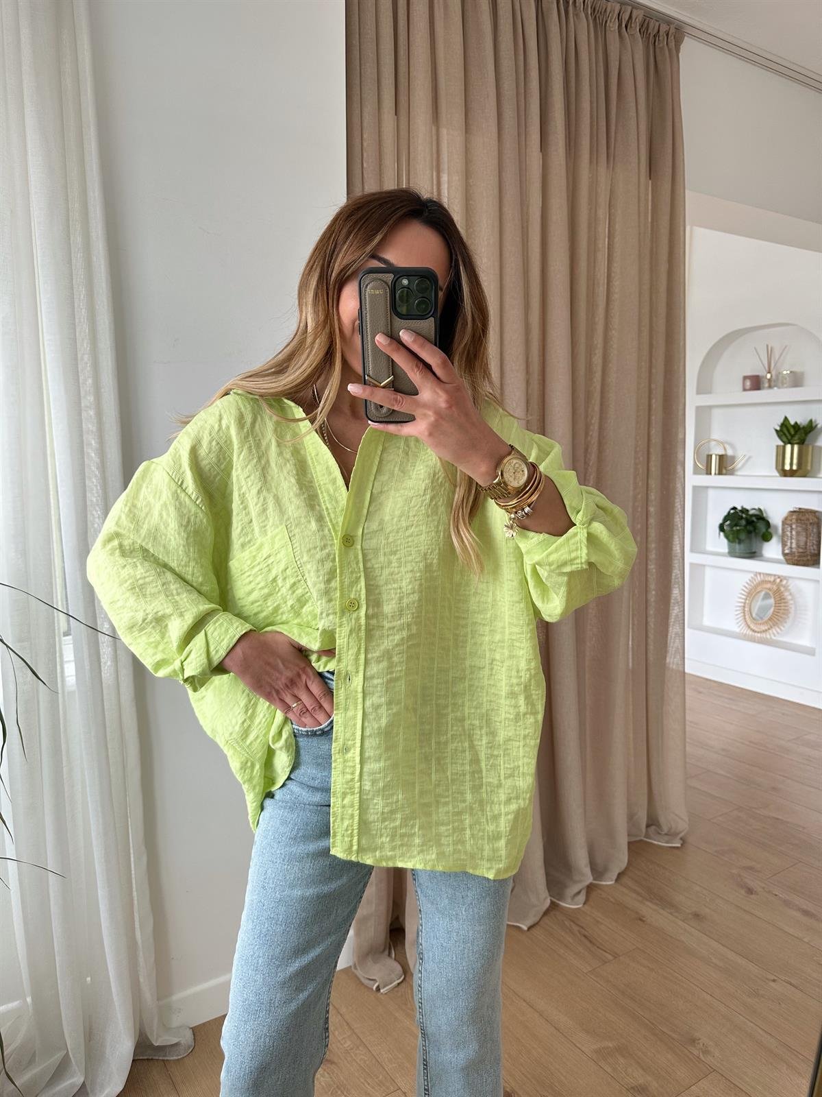 NEON ÇİZGİLİ TENSEL OVERSIZE GÖMLEK