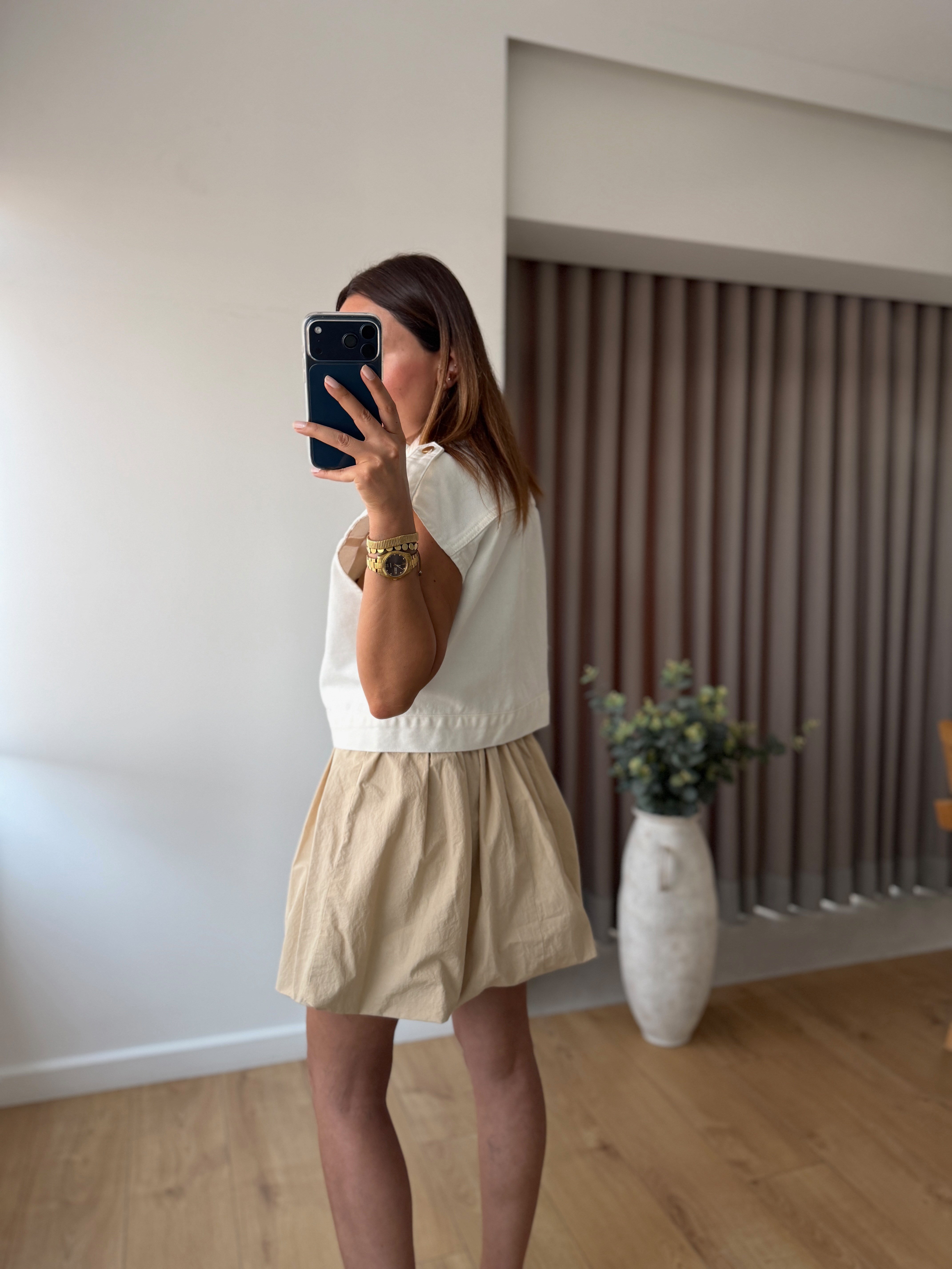 NW Gold Detaylı Beyaz Jean Yelek