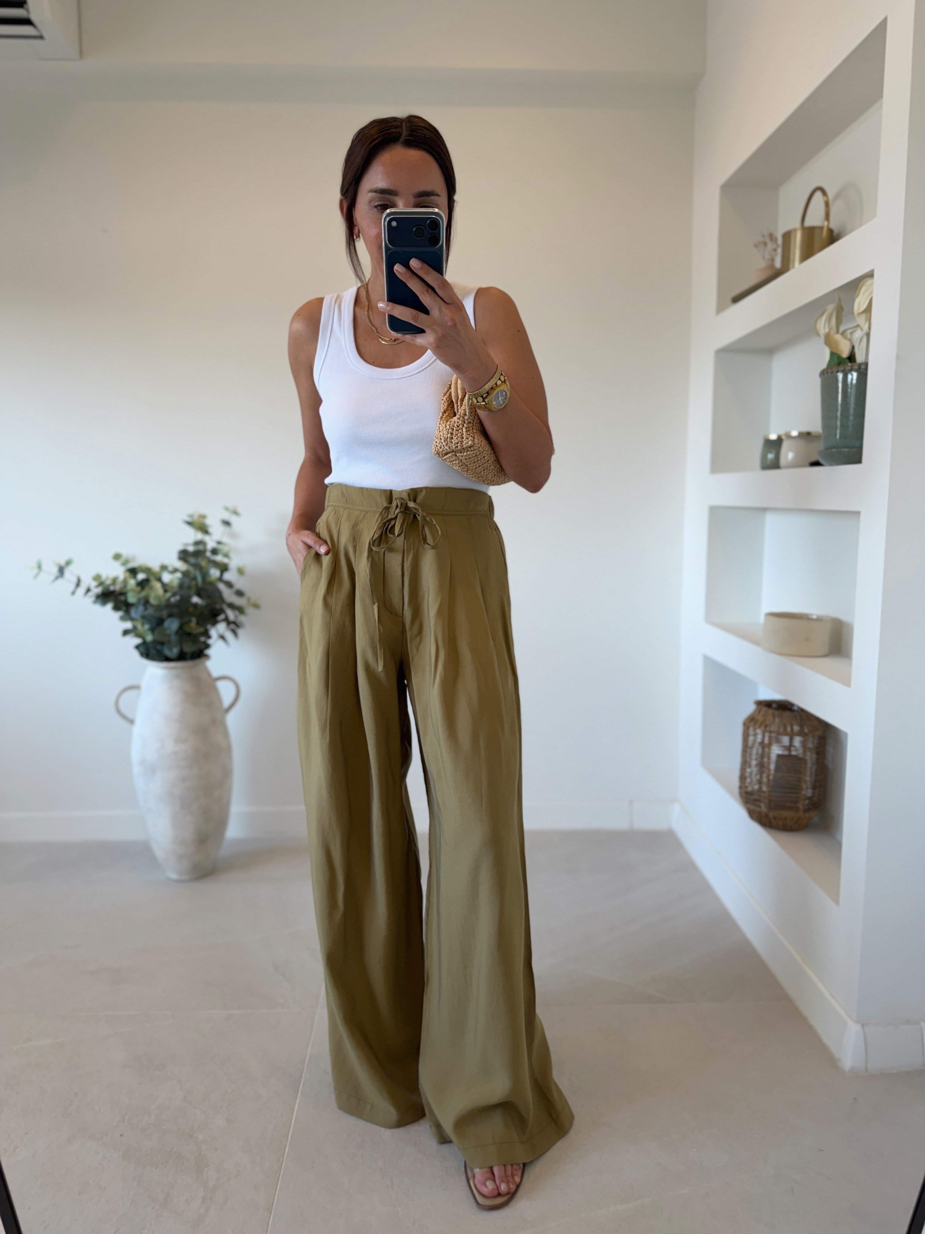 NW929 Bel Detaylı Olive Tensel Pantolon