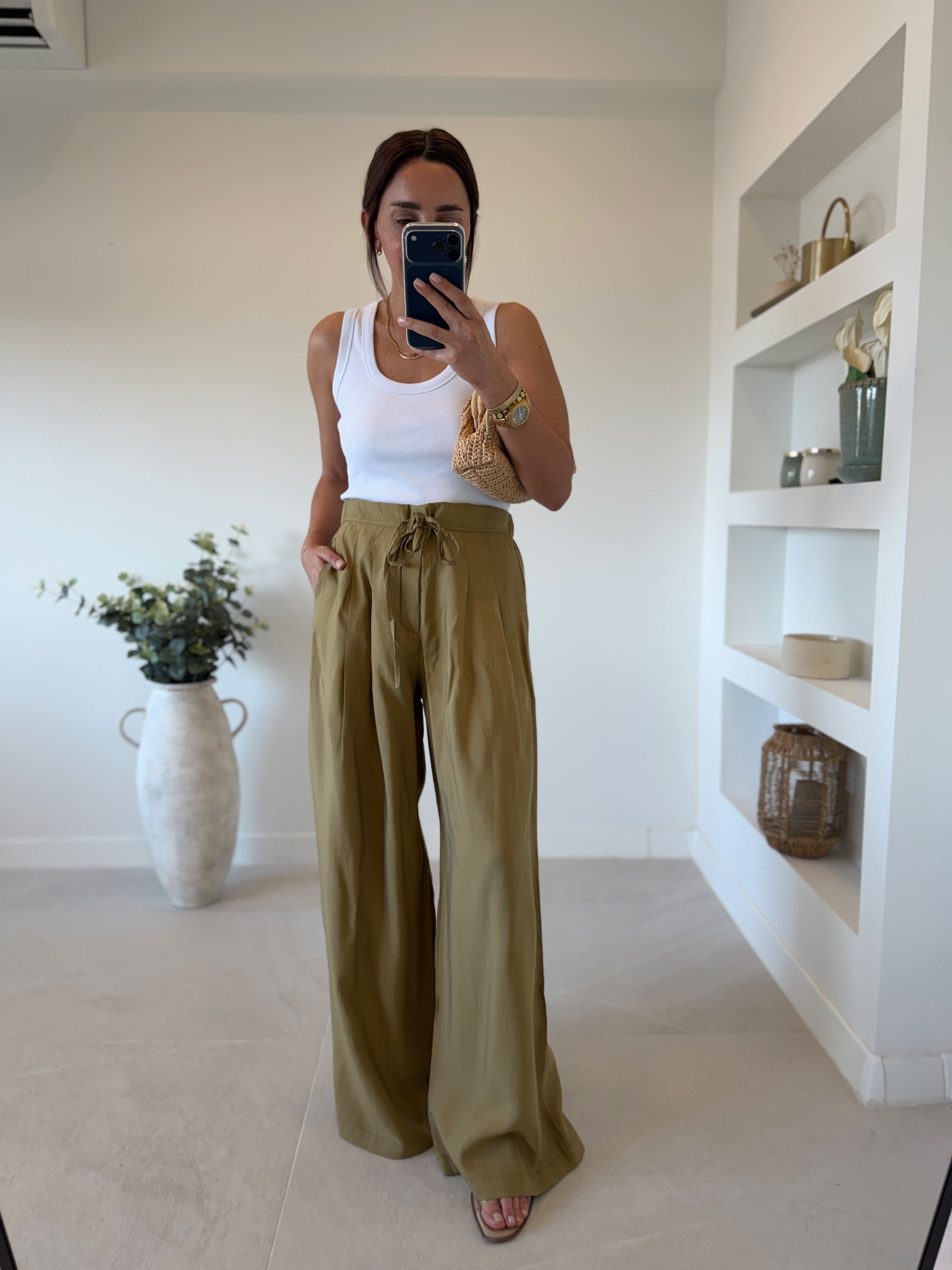NW929 Bel Detaylı Olive Tensel Pantolon