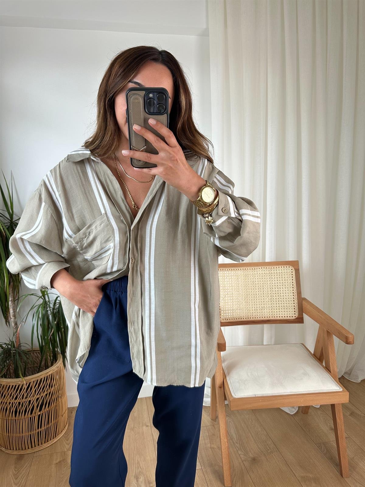 OLIVE ÇİZGİLİ TENSEL OVERSIZE GÖMLEK